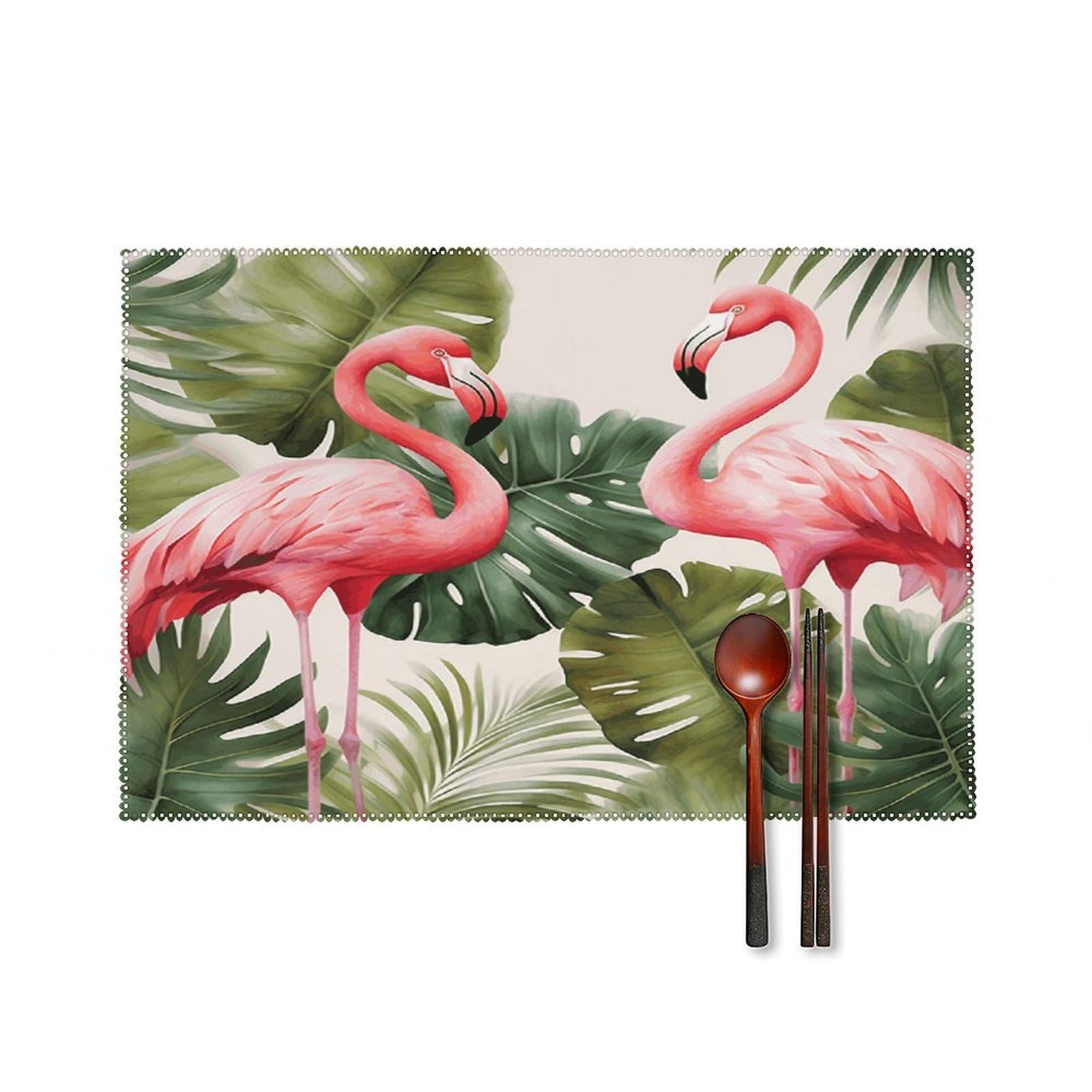 Flamingo Palm Trees Leaf Placemats Set of 4 Heat Resistant Non-Slip Place Mats Reusable Dining Table Mats Canvas Place Mat Anti-Fading Waterproof Placemats for Dining Table Decor