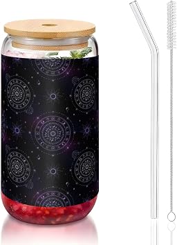 16oz Glass Tumbler with Leakproof Lid and Straw, Sacred Geometric Symbol Purple Space Galaxy Stars Mystic Sun Moon, Romantic for Wife, Iced Coffee Cup for Soda, Matcha, Water Drinks at Home