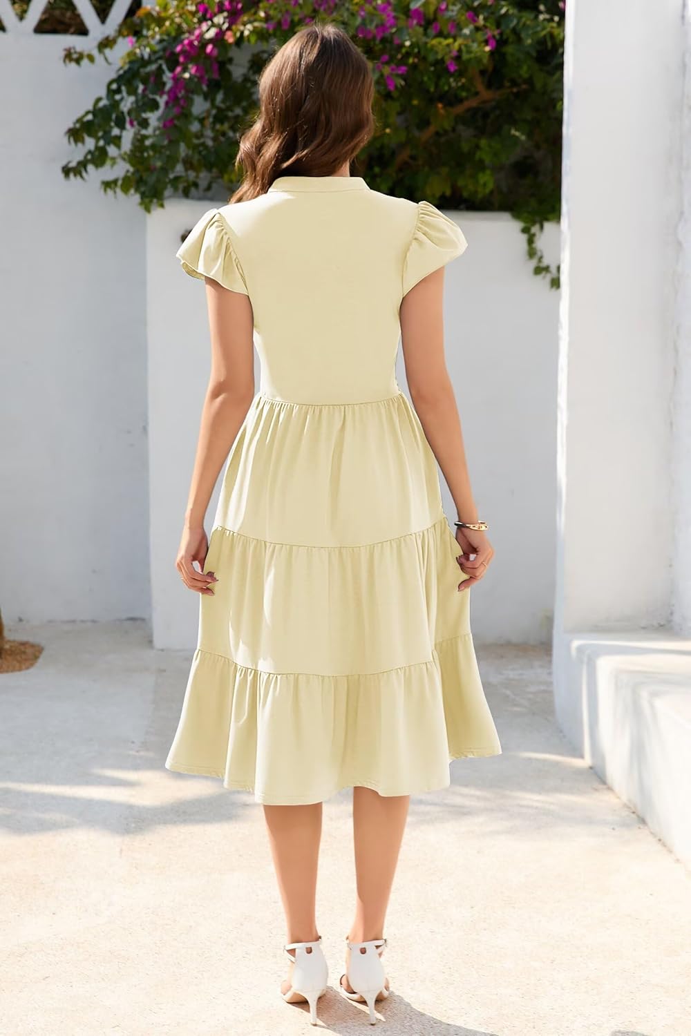 Summer Casual Midi Dresses for Women 2025 V-Neck Ruffle Sleeve Cotton A-Line Flowy Sundress Boho Beach Vacation - Image 4