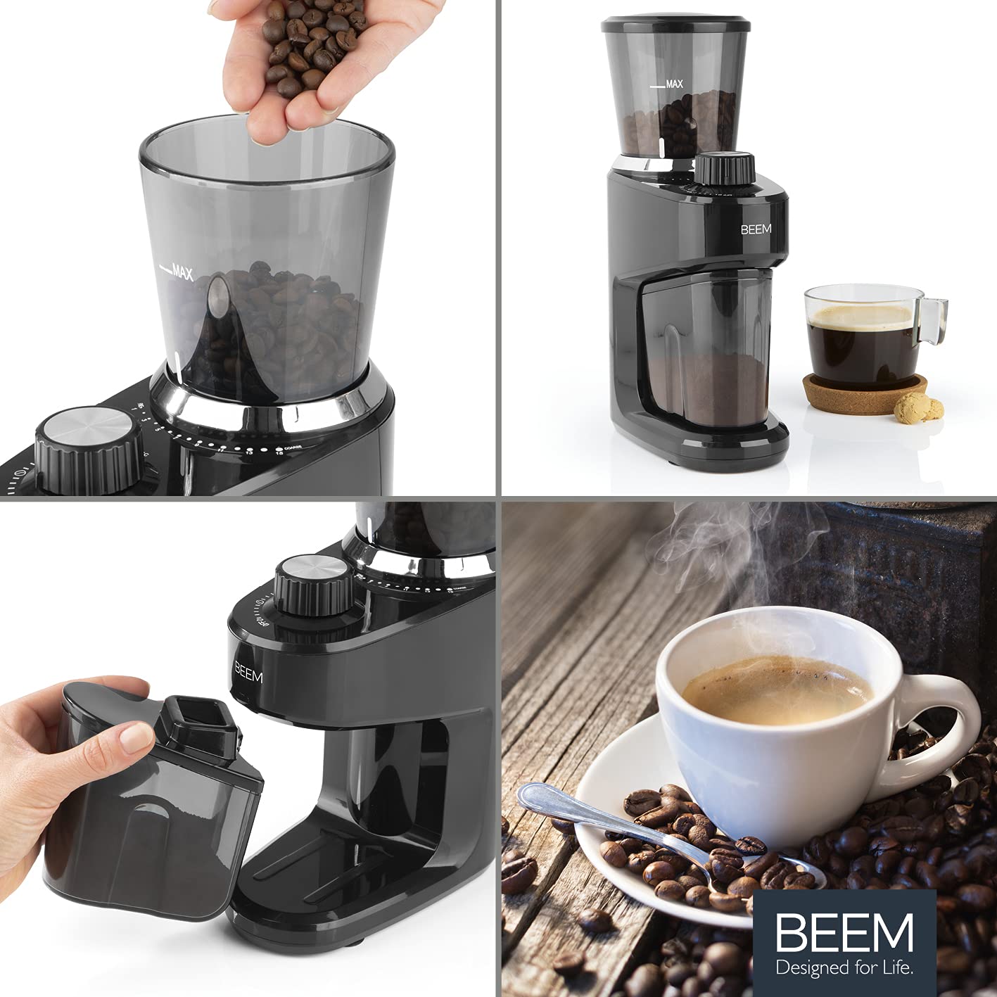 BEEM 3980 Grind-Intense Molinillo de café eléctrico, 160 g, mecanismo cónico de acero inoxidable, ajuste de grado de molienda de 15 niveles, recipiente de granos extraíble, 150 W