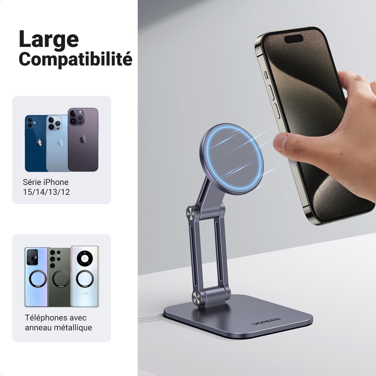 UGREEN Support Téléphone Magnétique Bureau Réglable Porte Smartphone Aimanté Pliable avec Anneaux Métallique Compatible avec MagSafe iPhone 16 Plus Pro Max 15 14 13 Galaxy S24 Ultra S23 (Gris)