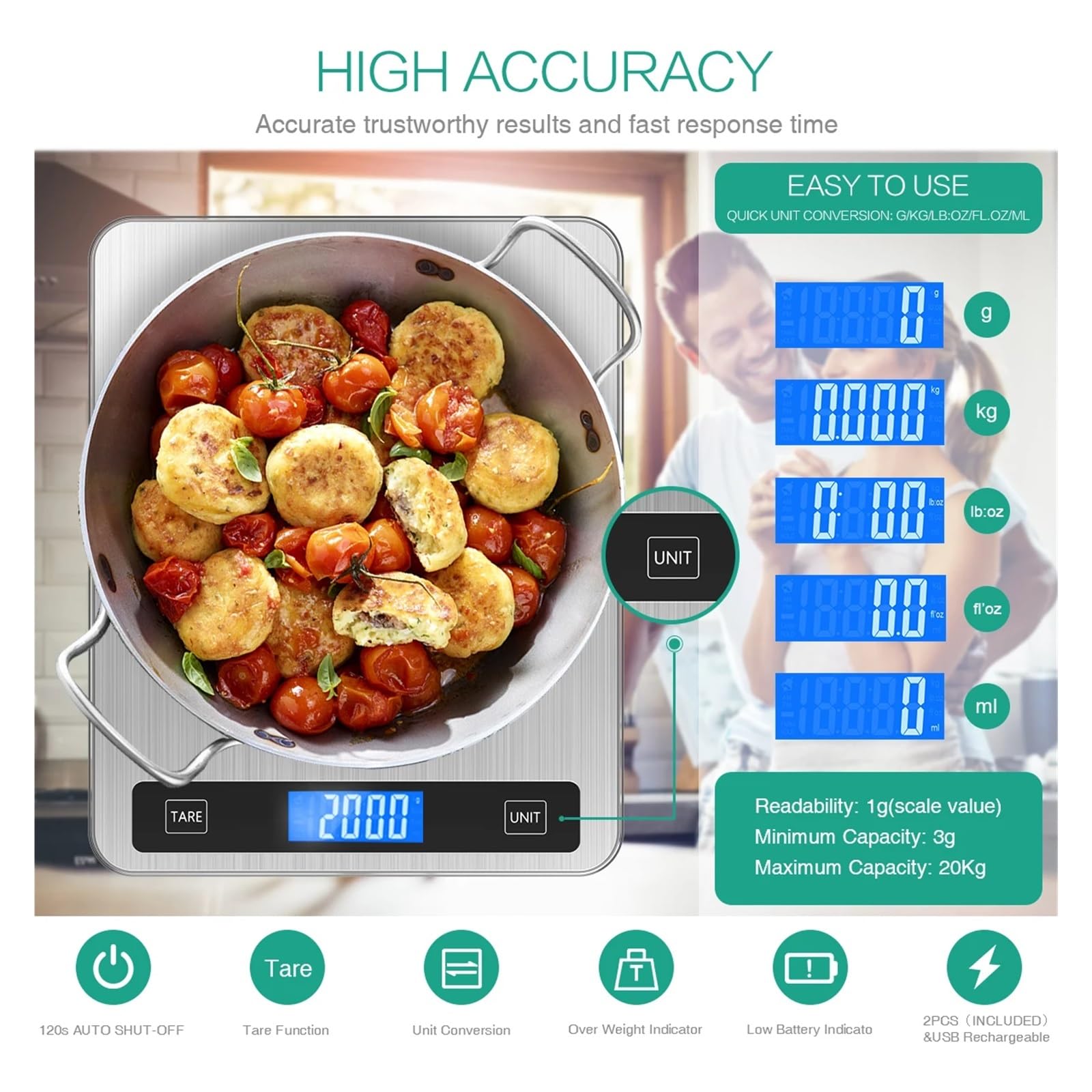 20Kg/1g cyfrowa waga kuchenna zasilana przez USB waga wielofunkcyjna waga do żywności do pieczenia gotowanie gospodarstwa domowego ważenie waga elektroniczna,Waga precyzyjna(Nero)