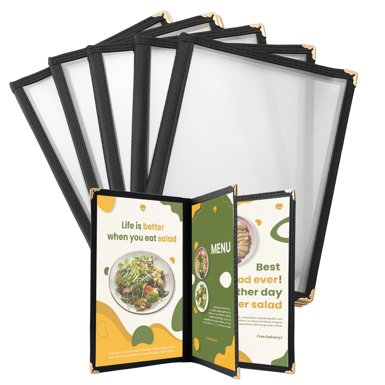 DASBET Couvertures de menu A5 pour menu de restaurant, 3 pages, 6 vues transparentes, chemises de menus noires, avec protections d'angle en métal, convient pour les restaurants, bars, cafés (5, 3