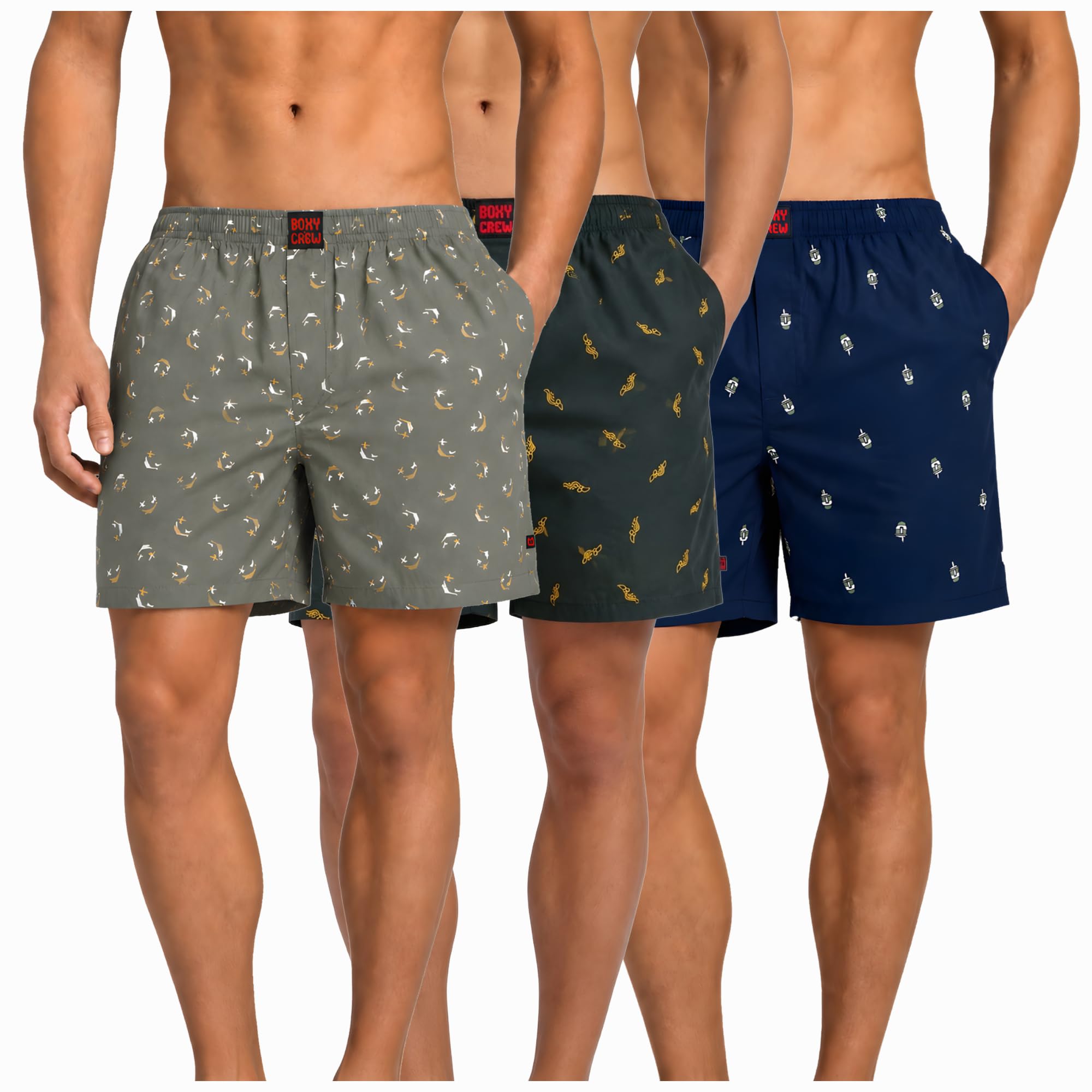 Men's 100% Cotton Boxer Shorts Pack of 3, Green, Dark Teal & Navy Blue | Woven Boxers with Side Pockets, No-Marks Elastic Waistband, Breathable Relaxed Fit | Style 008-010-011-image-31