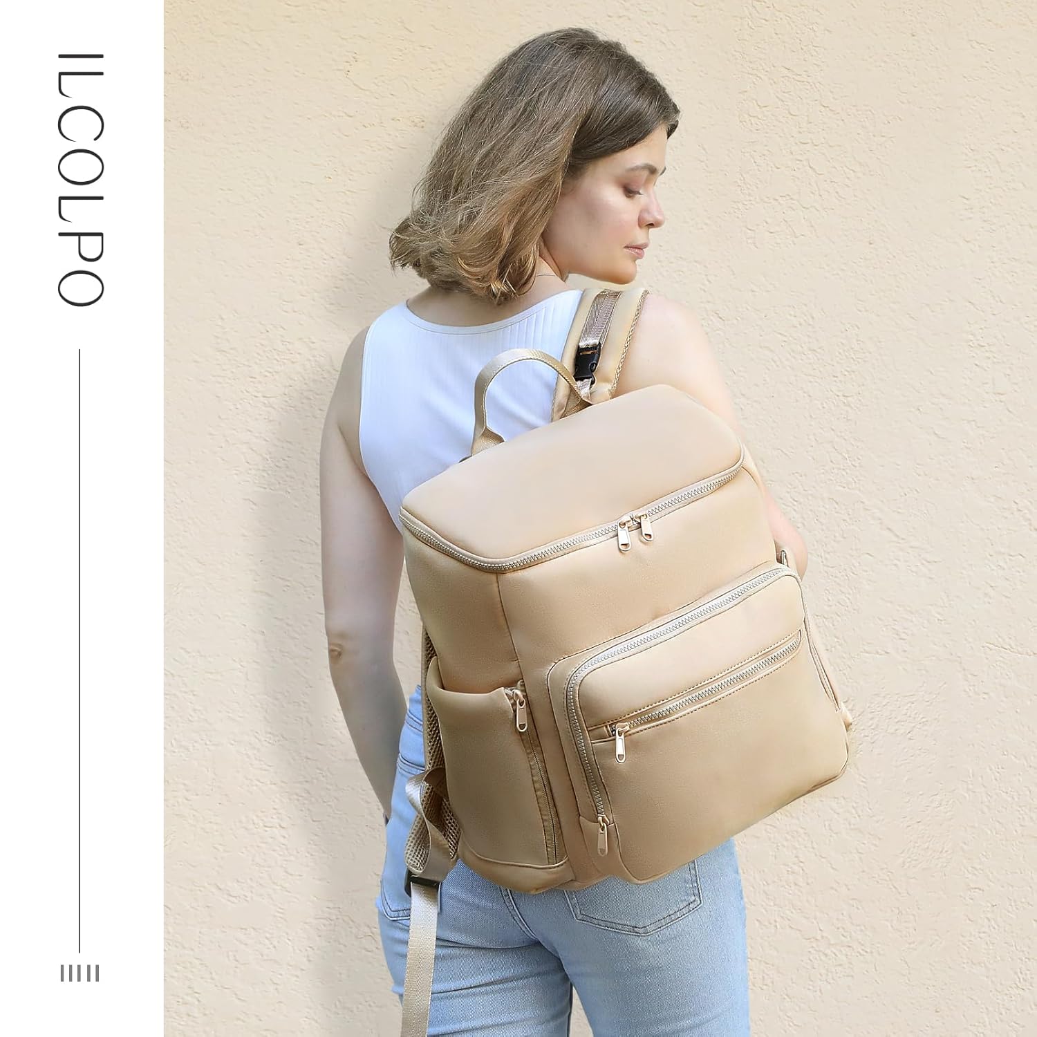 Diaper Bag Backpack, Neoprene Bag Backpack, Large Diaper Backpack with 16 Diaper Bag Organizers, 4 Insulated Pockets, Lighweight Travel Baby Bag with Changing Pad for Mom & Dad, Apricot