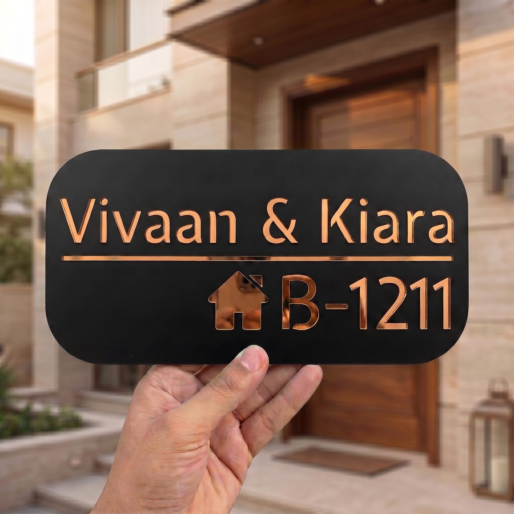Name Plate for Home Entrance Outdoor – Customised Acrylic Rounded Rectangle House Name Plate | Personalized Door Name Plate with Copper Mirror Letters | Modern Name Board for Home(Copper, 30x15 CM)-image-16