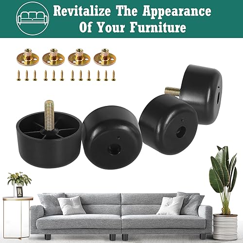 Miniatura 2 de 4 patas de plástico para muebles de 1-1/8 pulgadas, patas de sofá negras, patas redondas para muebles, patas de repuesto para sofá con tuercas de