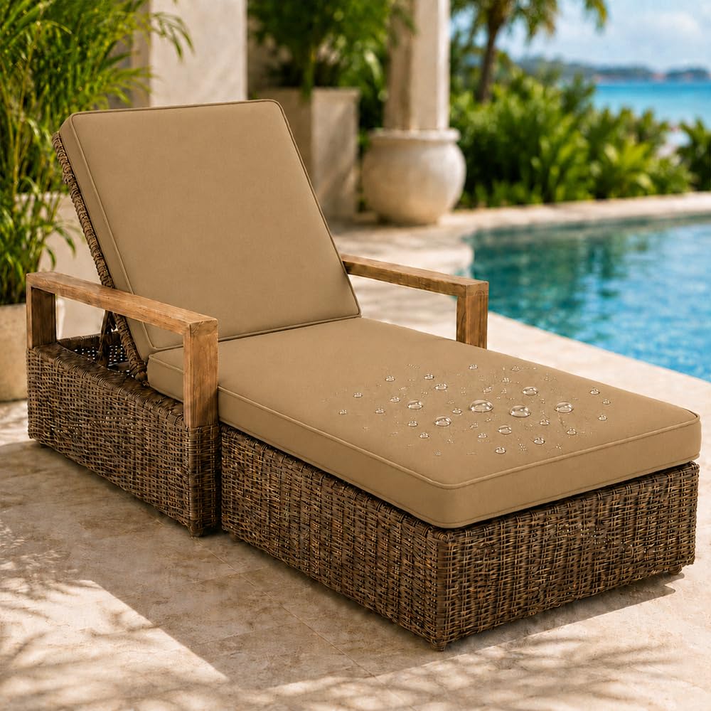 AZMAHT Sun Lounger Cushion Replacement Cushions Only, Waterproof 2 Section Lounger Cushion with Removable Cover, Anti-Slip Pad with 6 Straps for Garden Sunbed,Khaki,178x59x5cm