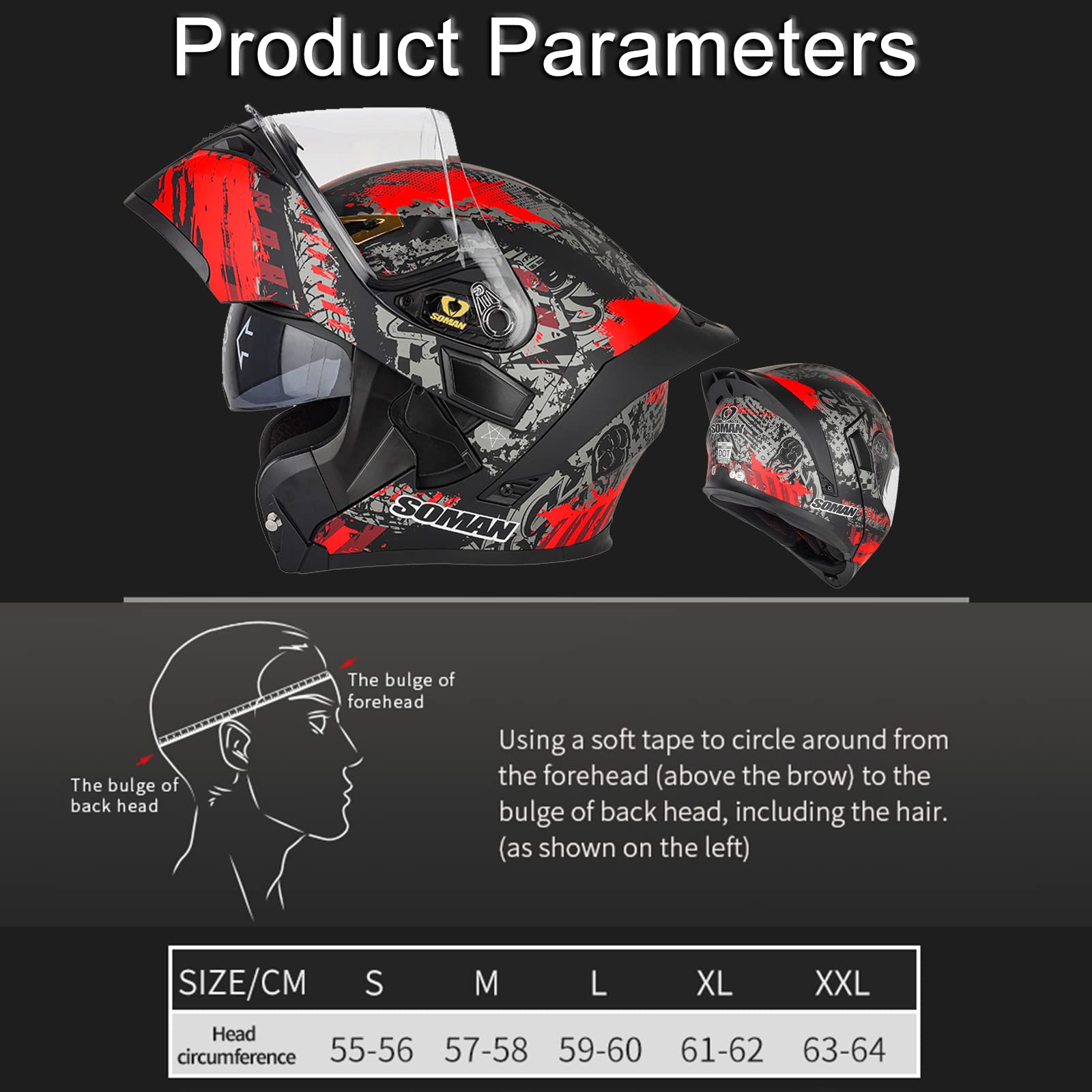 Casco Moto Modulare, Caschi Moto Apribile con Doppia Visiera Lente a Colori, Casco Moto Integrali Casco Scooter Motocicletta per Donna e Uomo, Rosso-M(57~58cm)