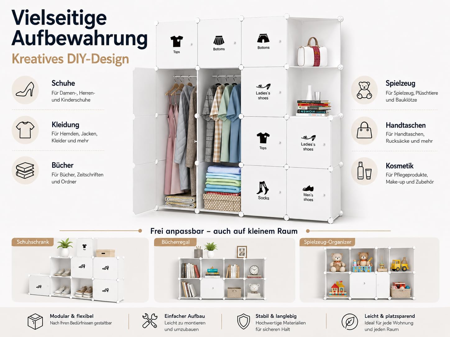 Garvee DIY Regalsystem 12-teilig, Kunststoff Kleiderschrank mit Türen