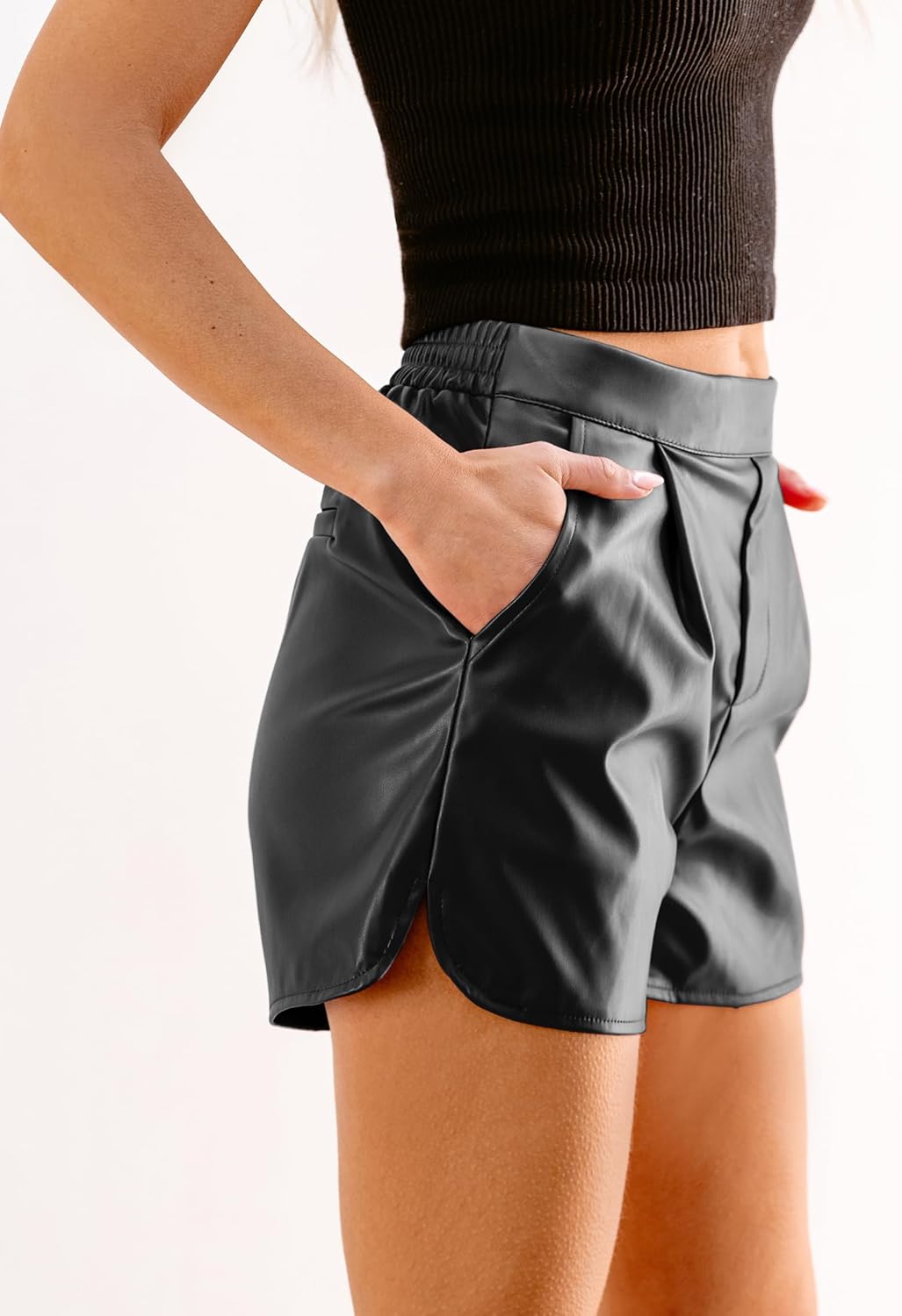 luvamia Faux Leather Shorts for Women High Waisted Pleated Wide Leg Stretchy Shorts with Pockets PU Leather Pants - Image 3