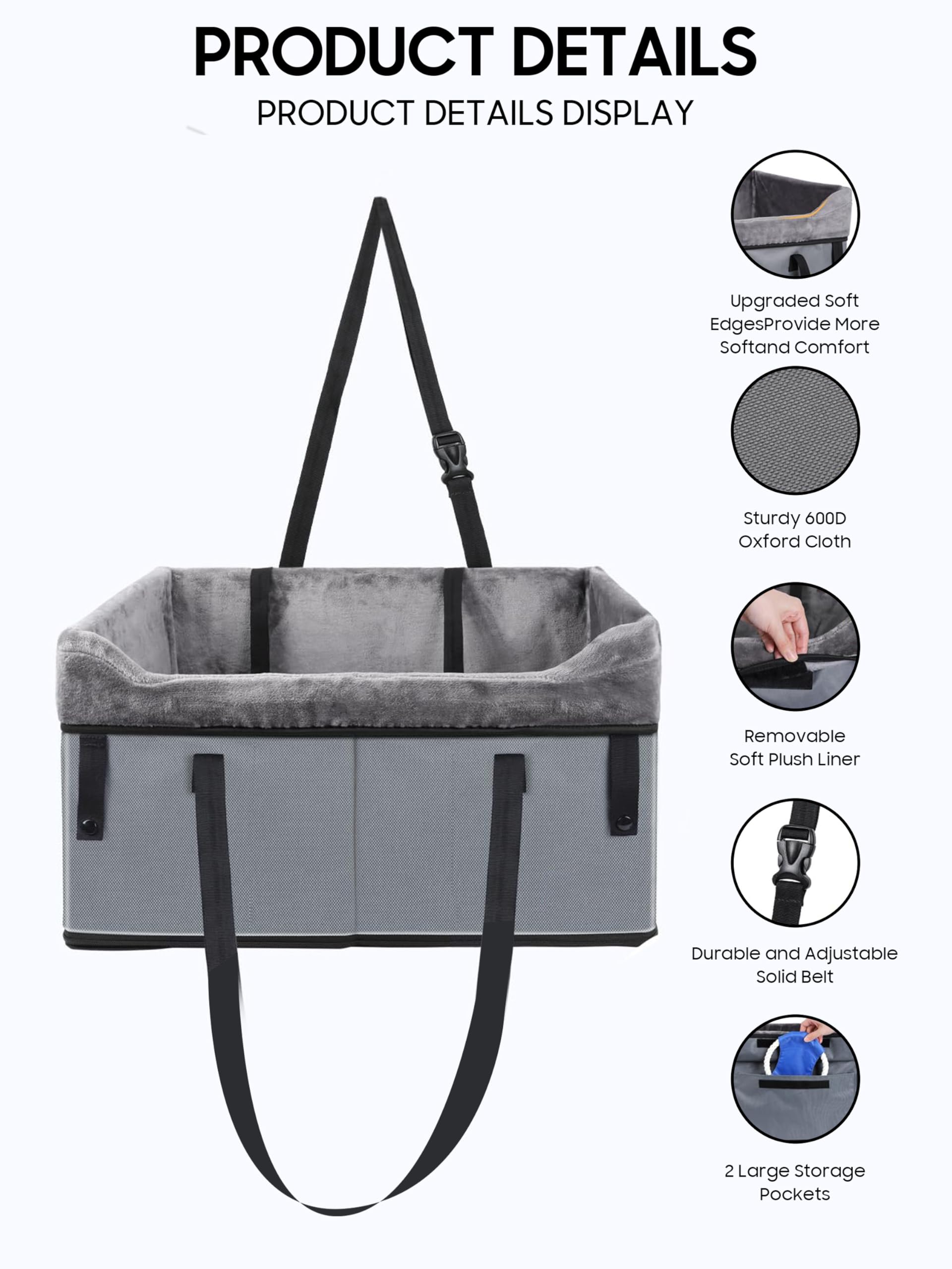 Asiento de coche portátil para perros pequeños, plegable, asiento de coche para asiento delantero y trasero, cesta para perros con cinturón de seguridad ajustable y cojín de felpa, seguro, estable