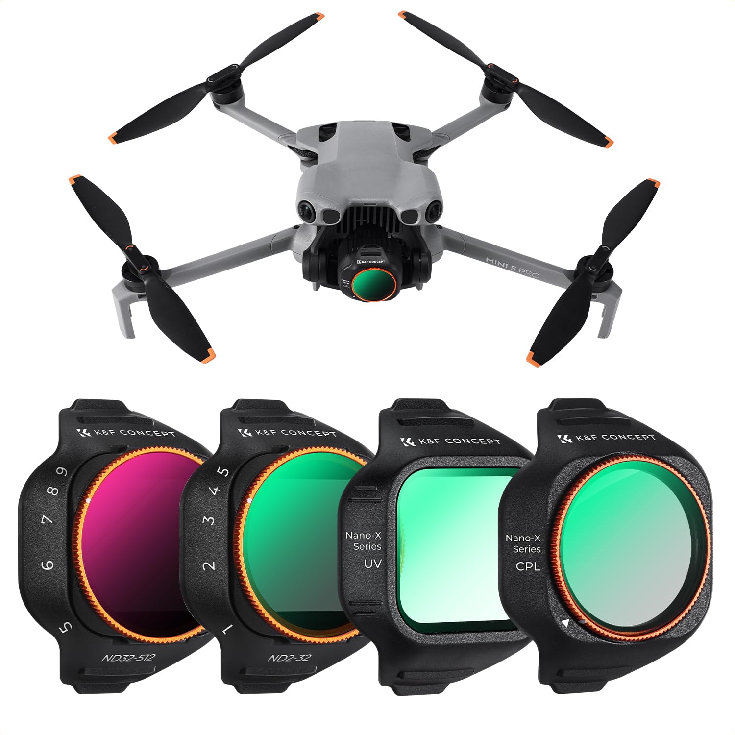 K&F CONCEPT Kit de Filtres ND Variables Compatible avec DJI Mini 5 Pro, 4 Filtres ND2-ND32 (1-5 Stops)/ND32-ND512 (5-9 Stops) VND/CPL/UV Limités, Verre Optique HD Multi-traité/Cadre Aluminium
