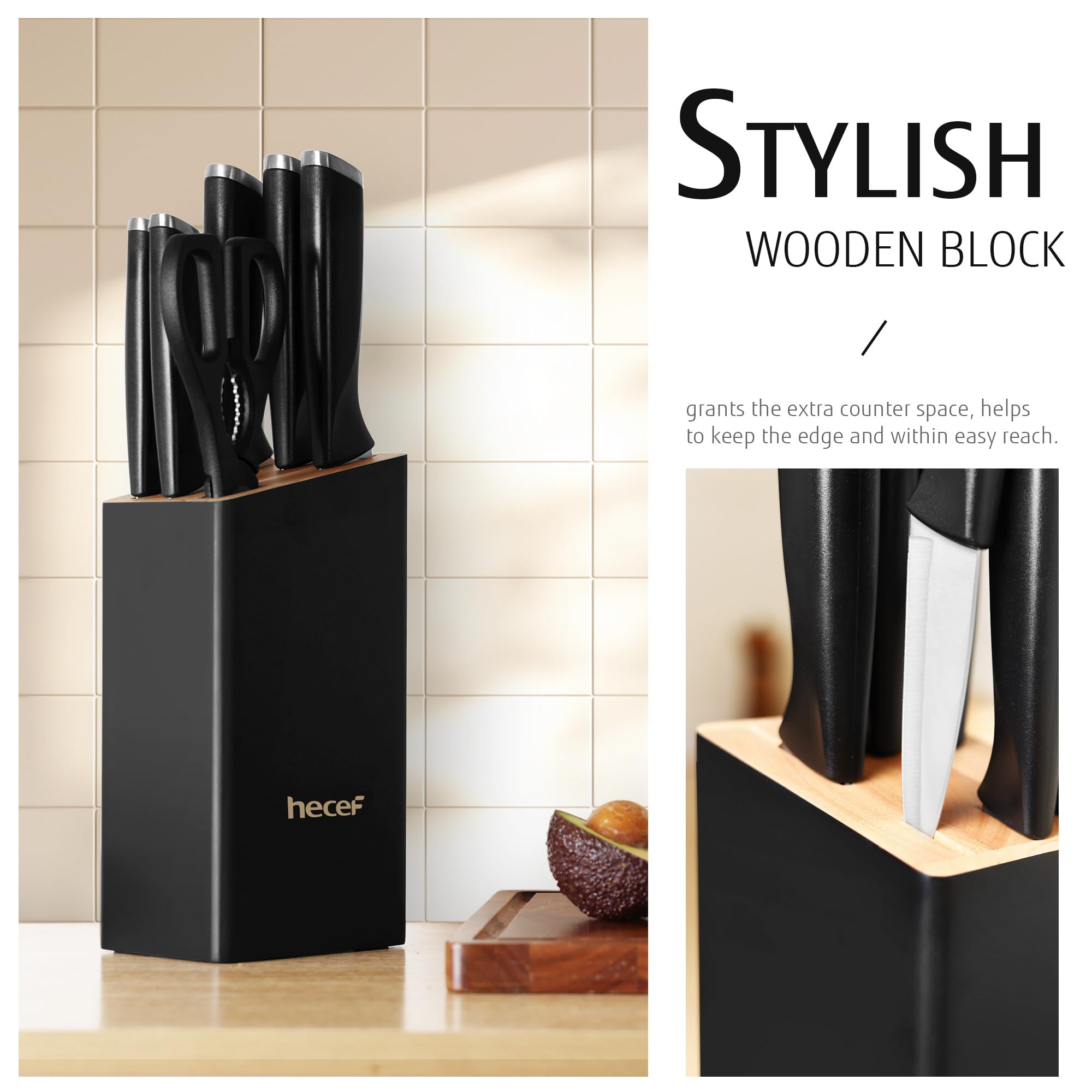 hecef Juego de Cuchillos con Bloque 7 Piezas, Afilado Hoja de Acero Inoxidable con Mango Curvo Especial para Chef y Aficionados a la Cocina, Negro
