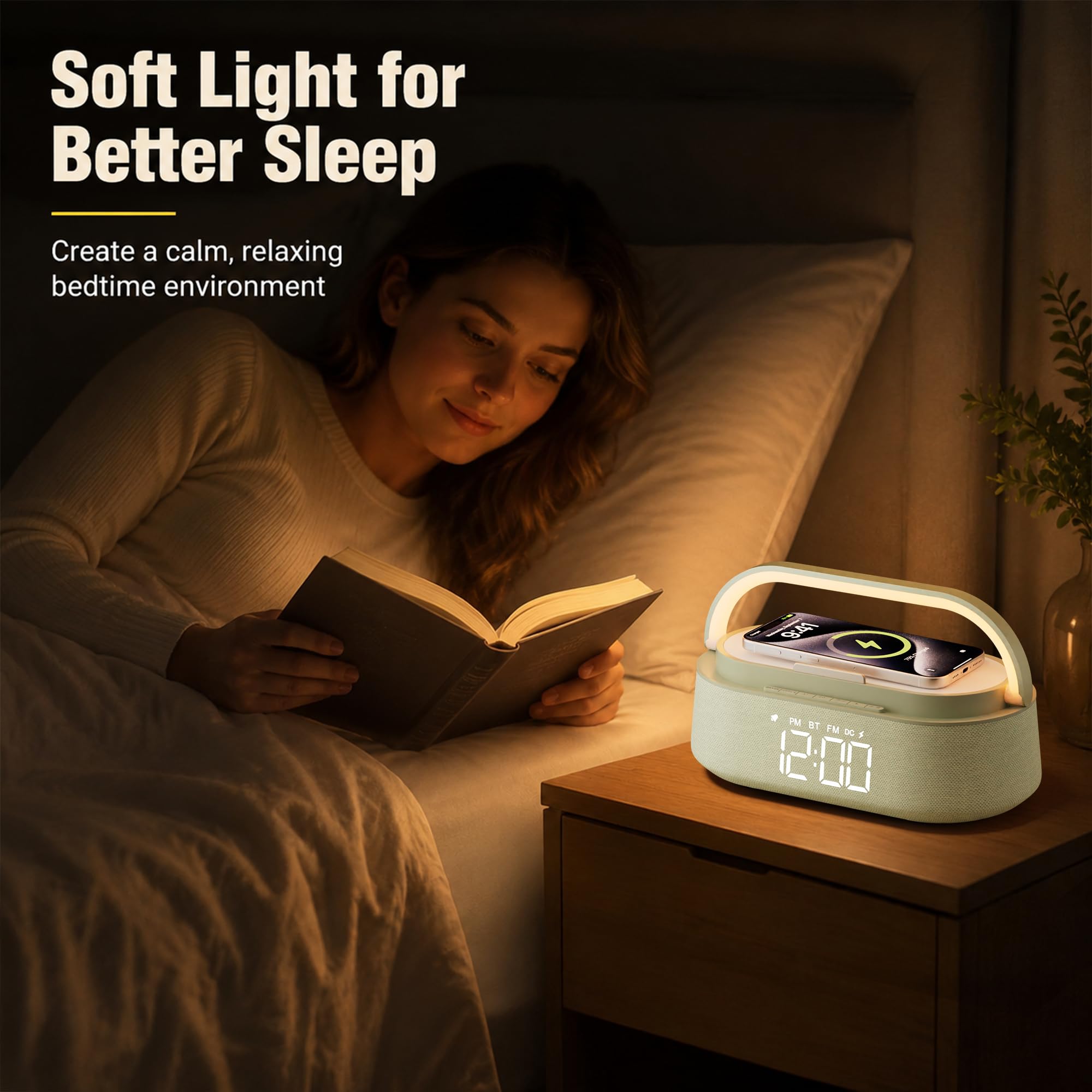 FREEFISH Sveglia con altoparlante Bluetooth con caricabatterie wireless veloce da 15 W, radio FM, luce notturna a LED, orologio di ricarica wireless per camere da letto, ufficio, casa, regali