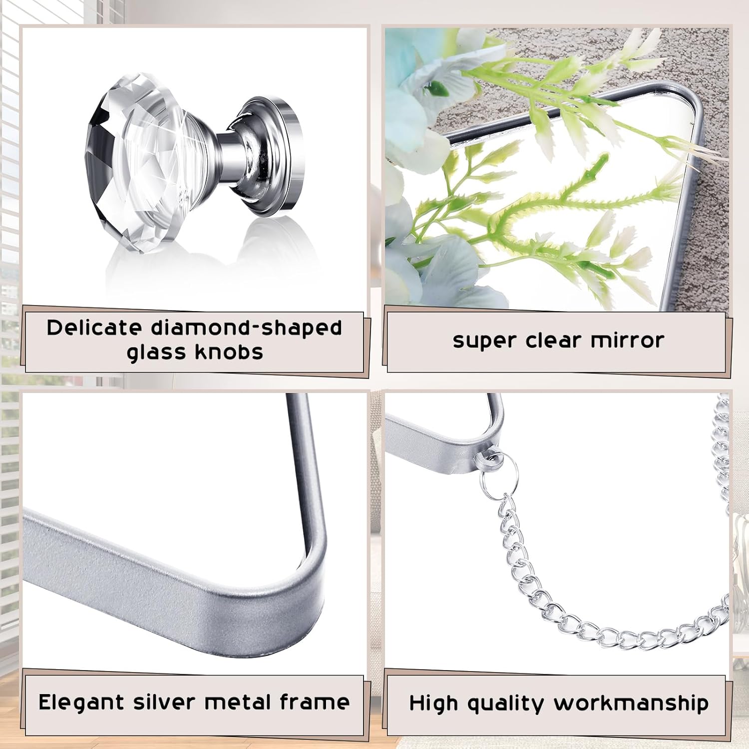 Qunclay 12 Pcs Diamond Wall Mirror Decorative Set Hanging Mirrors with Chain Frame Diamond Decorative for Wall Decor Living Room Entryway Bedroom Farmhouse Home Decor(Silver)