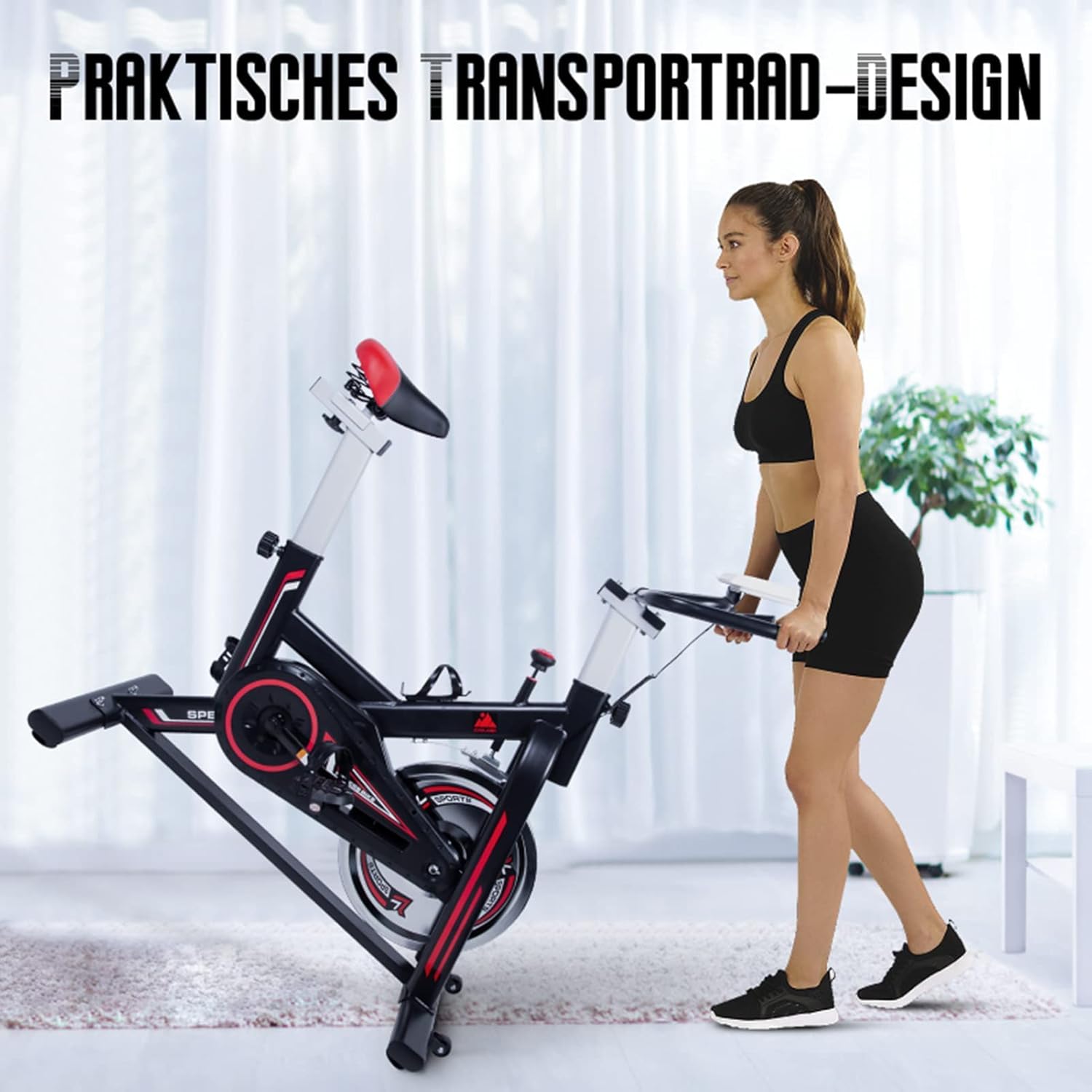 A woman demonstrating how to move the exercise bike by tilting it onto its front transport wheels.