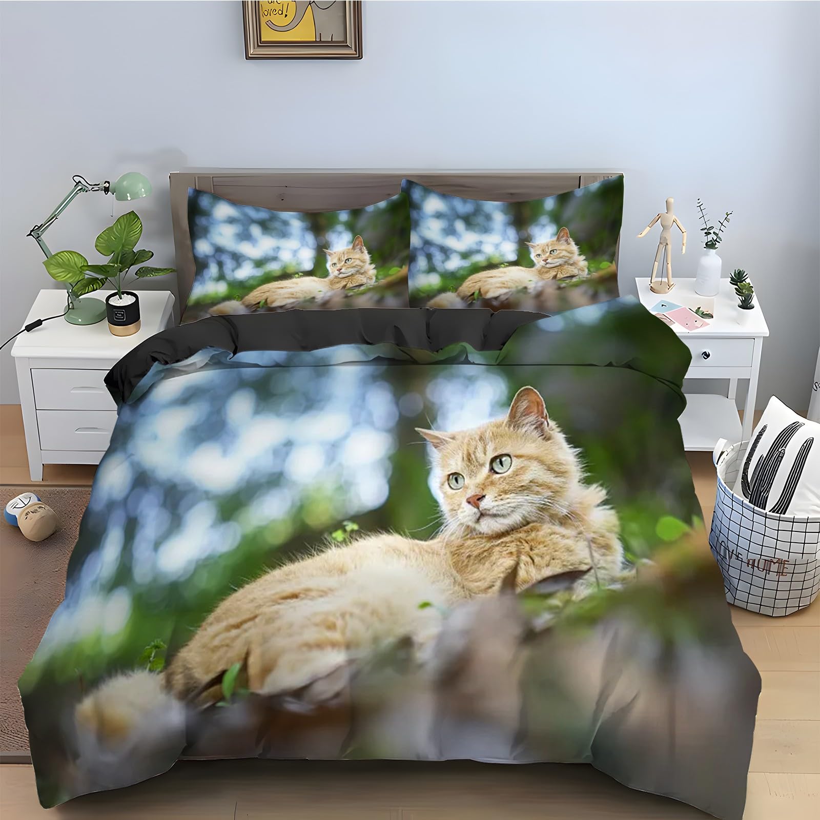 Ensemble de literie 3 pièces chat 90x190 anti-plis en microfibre douce