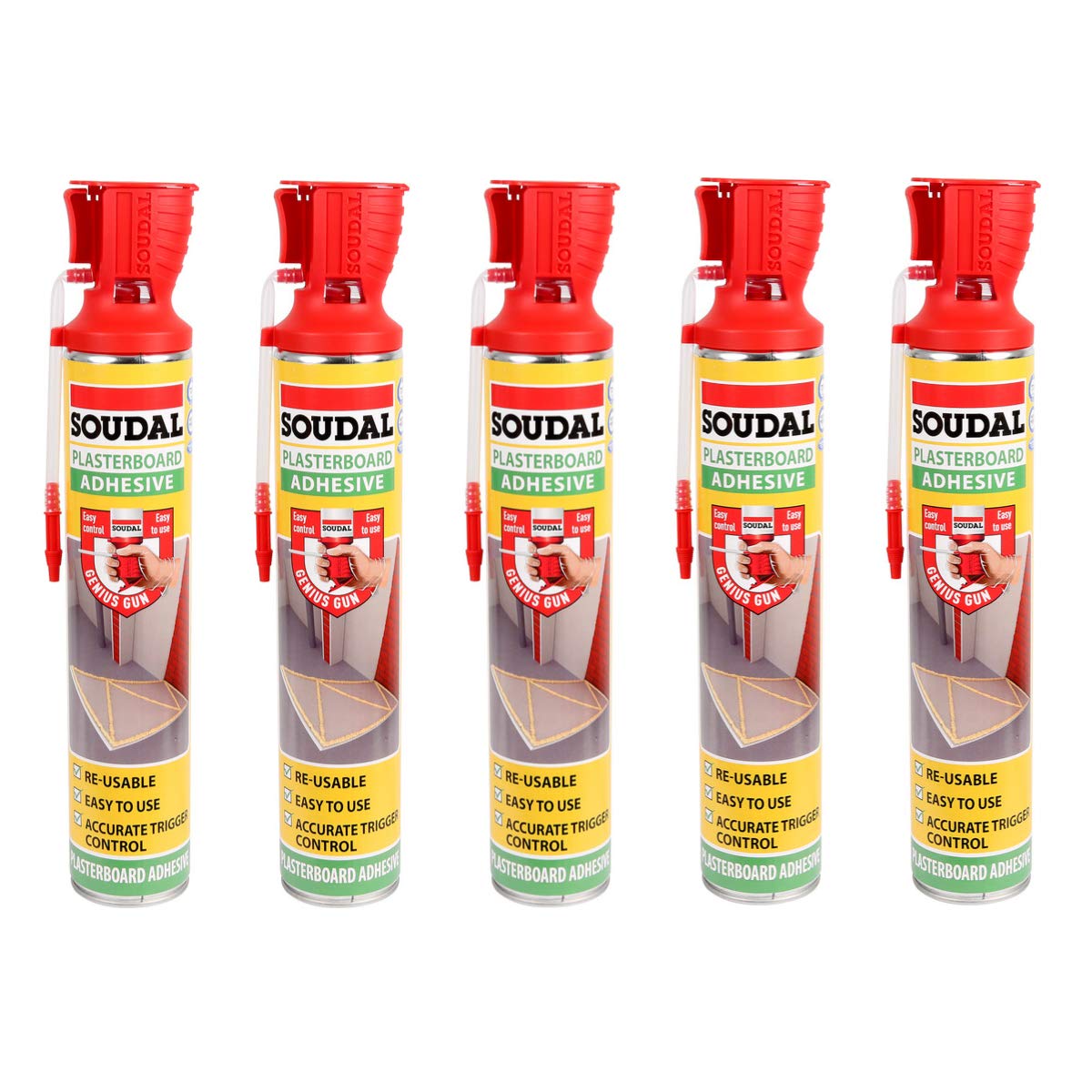 5X Soudal Plasterboard Adhesive Expanding Foam Dry Fix Genius Gun - 750 ml