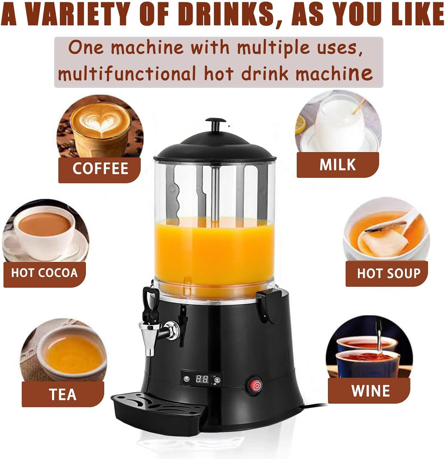Machine à chocolat chaud efficace de 10 litres pour un usage commercial, facile à utiliser et à nettoyer, pour hôtels, restaurants et cafés (10 l)