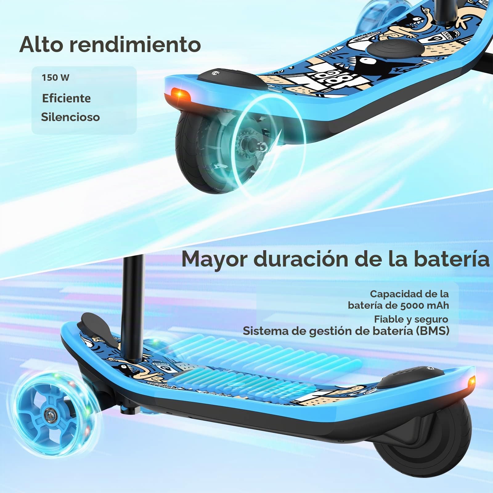 iScooter E-Scooter para niños de 3 a 8 años, 2 en 1 e-Step para niños con batería de 12 V 5 Ah y Efecto de luz, Patinete eléctrico con Ruedas de 5 Pulgadas (15 cm), Patinete Infantil con Rango de