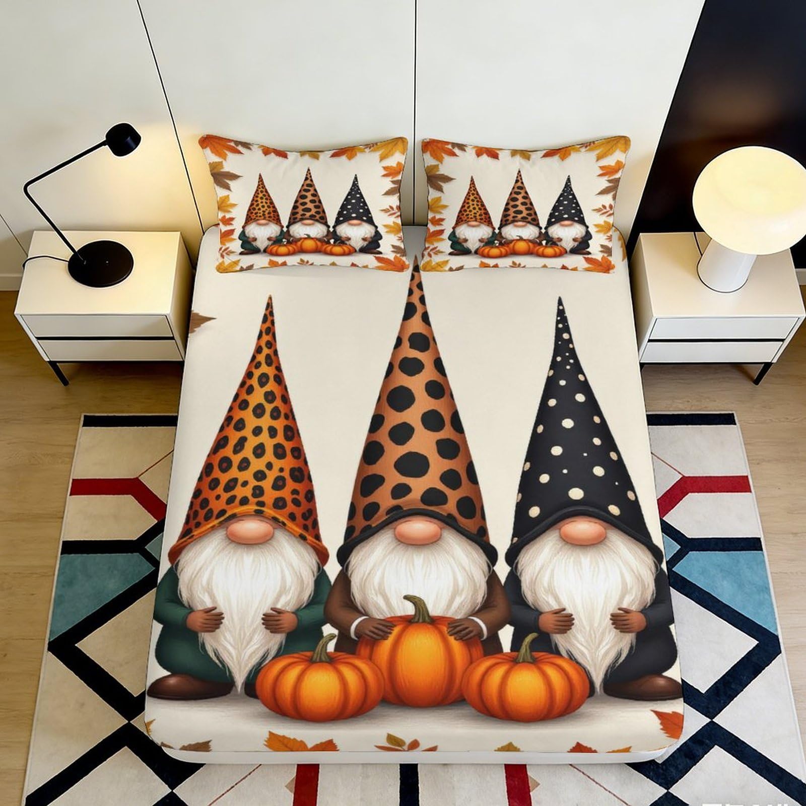 3D Printed Pumpkin Gnome Fitted Sheet Microfiber Soft Autumn Harvest Bed Cover for Bedroom Guest Room Decor 90x200x25cm