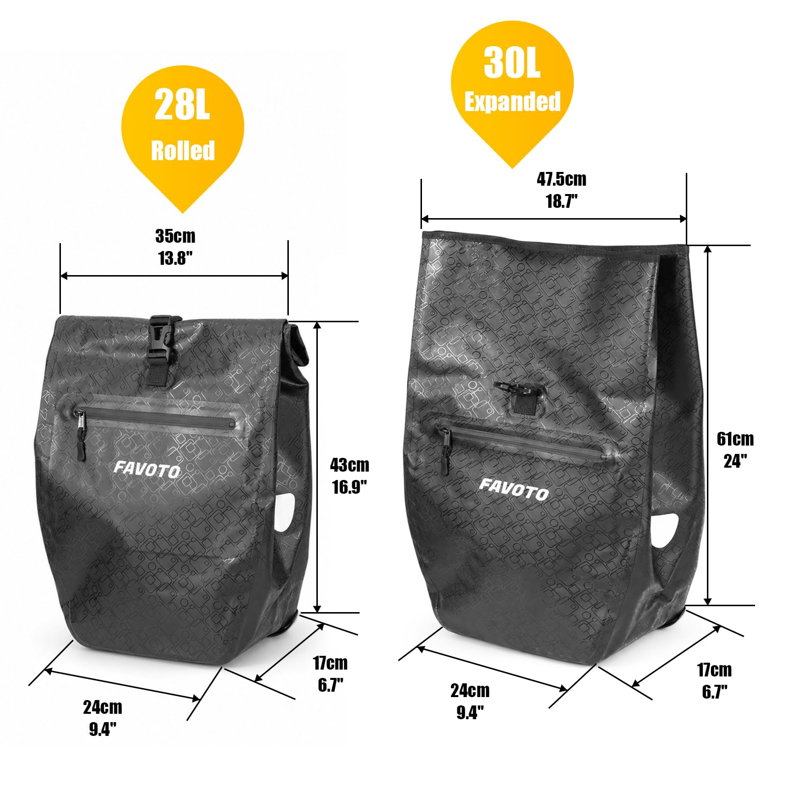 Favoto Torby rowerowe tylne bagażnik, wodoszczelne, 56 l (2 × 28 l) | Szybkie zapięcie, wytrzymałe, odblaskowe, duża pojemność do rowerów górskich, rowerów górskich