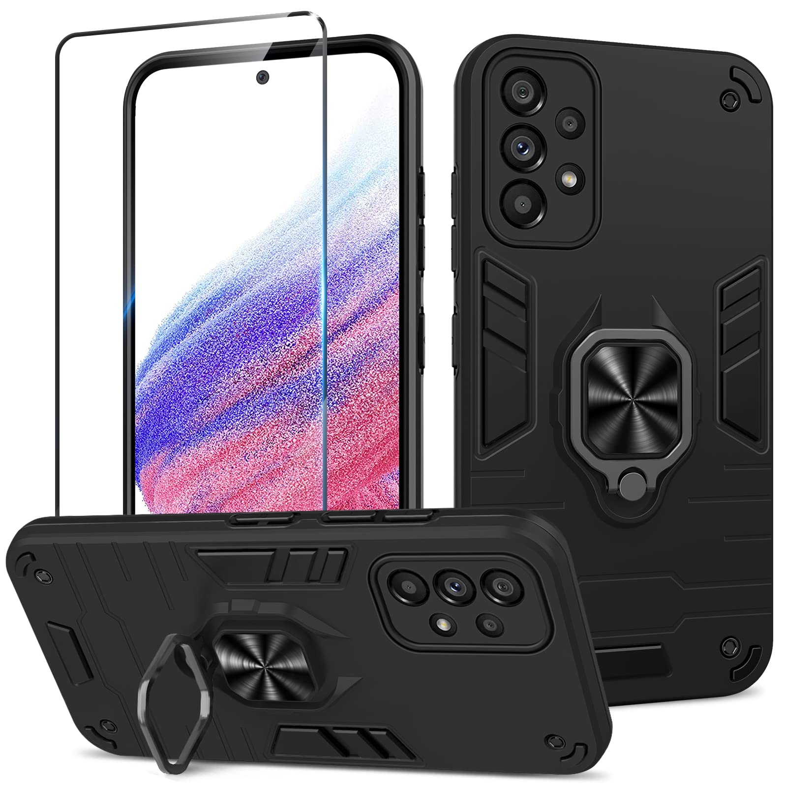Funda para Samsung Galaxy A13 4G con Cristal Templado Protector Pantalla, Carcasa Antigolpes con Soporte anular metálico, Case Protectora de Grado Militar, Negro — view 160