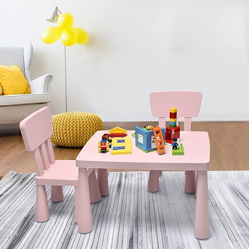Miniatura 9 de COSTWAY Juego de mesa y sillas para niños de 3 piezas, centro de actividades infantiles de plástico ligero para leer, escribir, pintar, merienda,