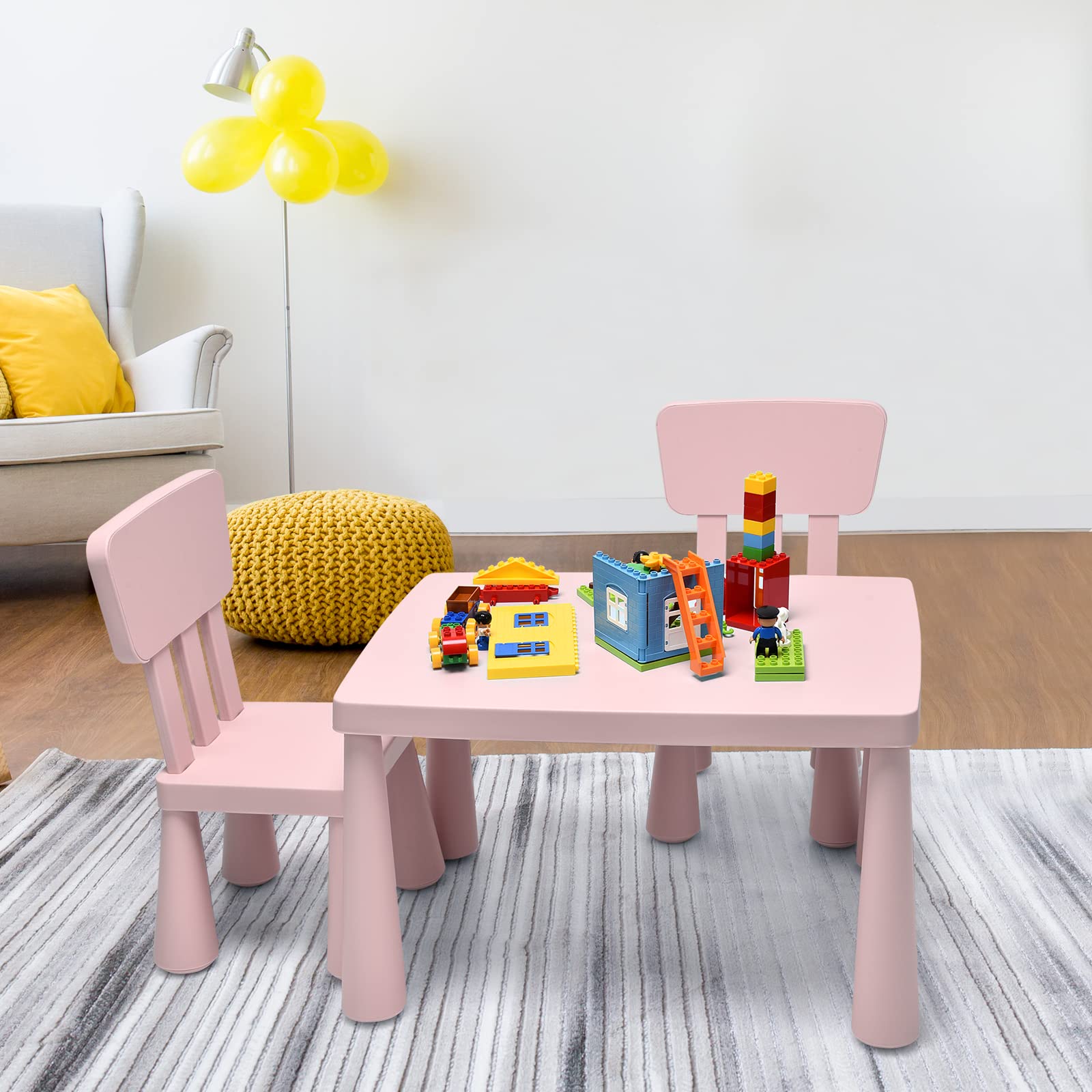 MAT EXPERT Kids Table and Chairs, 3-Piece Kids Furniture Activity Table for Reading, Learning, Eating, Toddler Table and Chair Set for Daycare Kindergarten Playroom, Ideal for Boys & Girls (Pink)