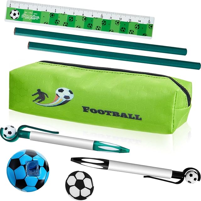 8 Pcs Football Themed Stationery Set Includes Sports Theme Portable Pencil Pen Case Soccer Shape Ballpoint Pens Football Pencil Sharpener Rubber Ruler for School Home Girls Boys Students Teenagers