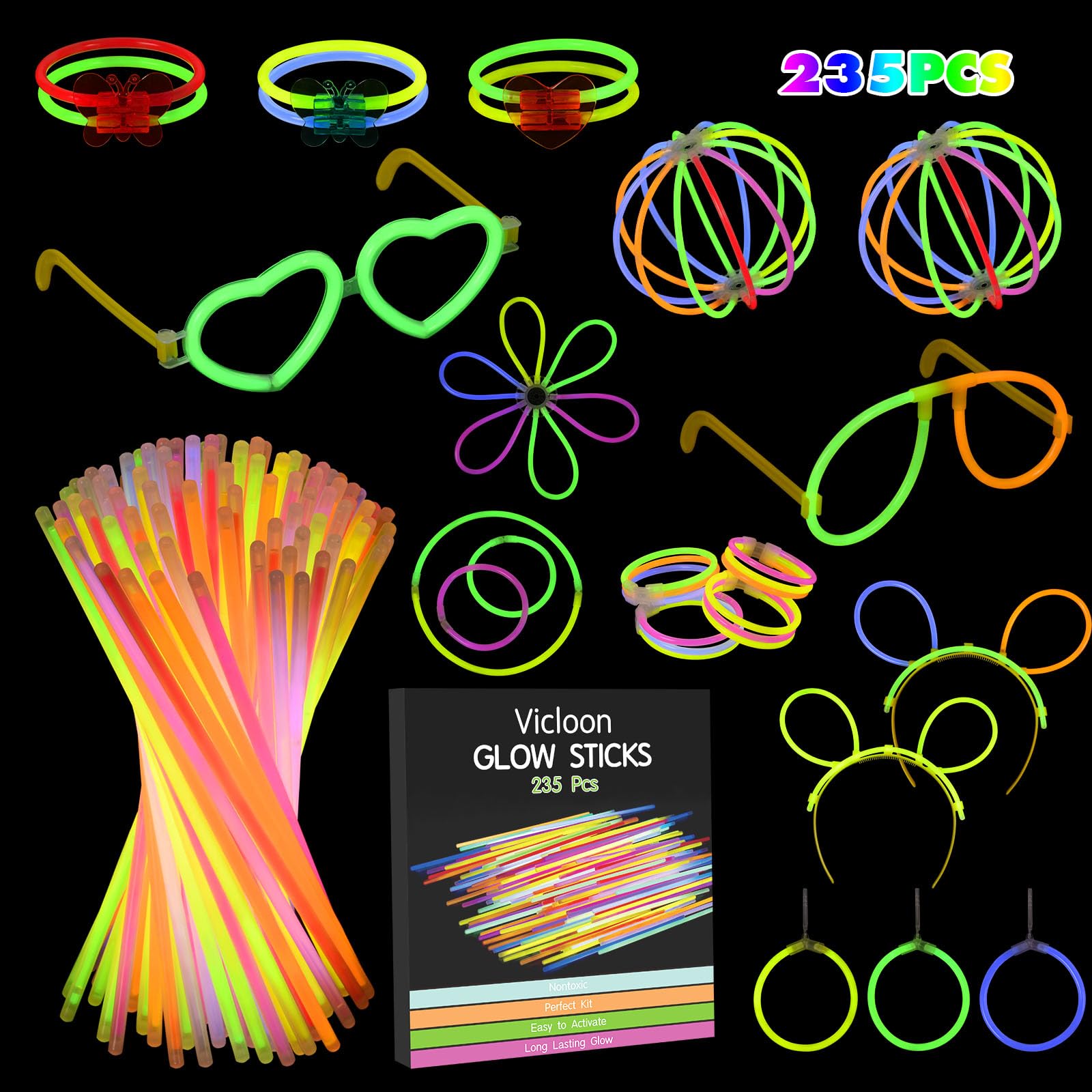 Vicloon Glow Sticks, 235 Pcs Glow Sticks Bulk Party Supplies, Premium Glow Neon Necklaces with Heart Shaped Glasses for Kids Party Supplies,Wedding,Festival,Halloween Decoration
