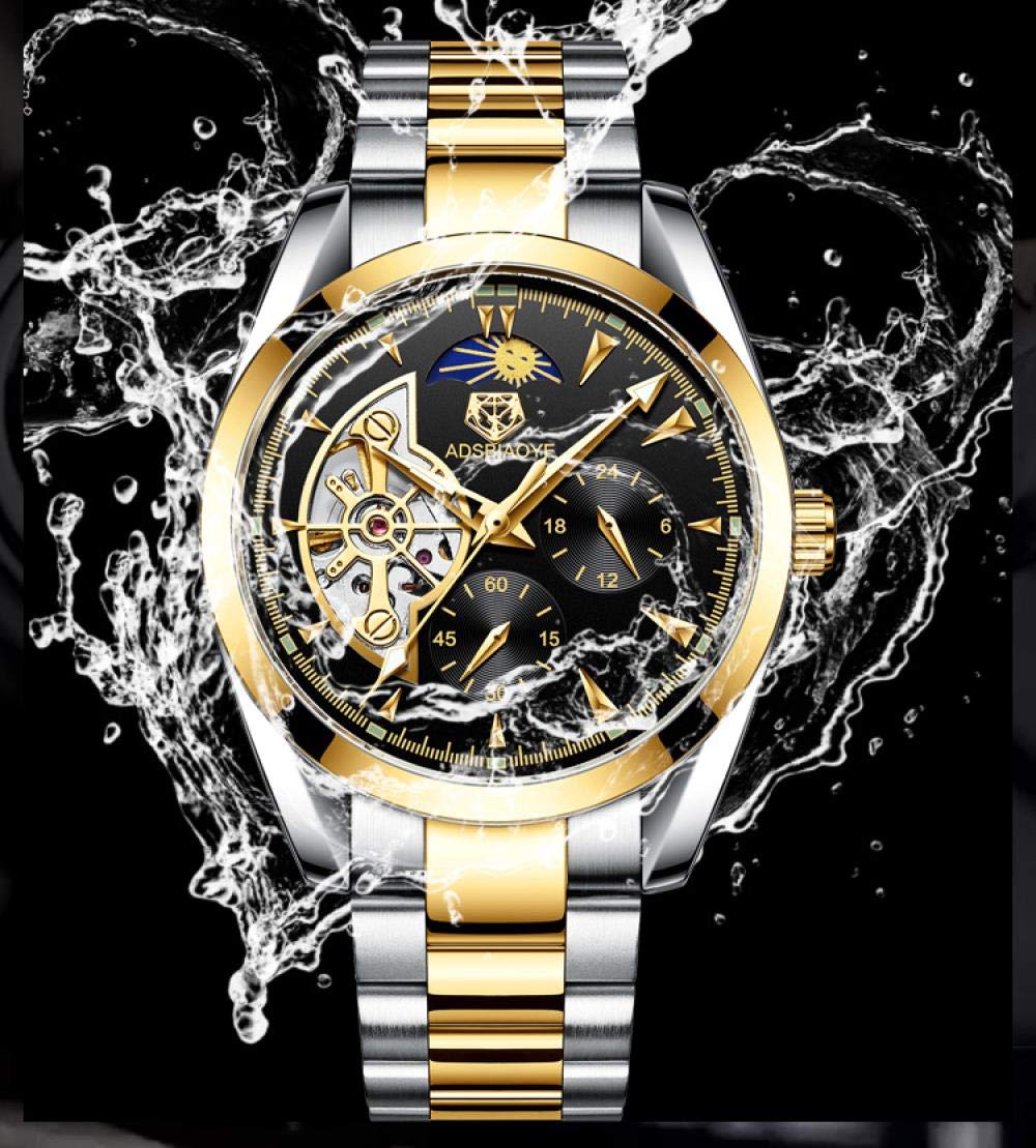 Orologi Da Polso,Orologio Da Uomo Automatico Automatico A 6 Pin Impermeabile Con Fasi Lunari Tourbillon, Quadrante Dorato E Nero