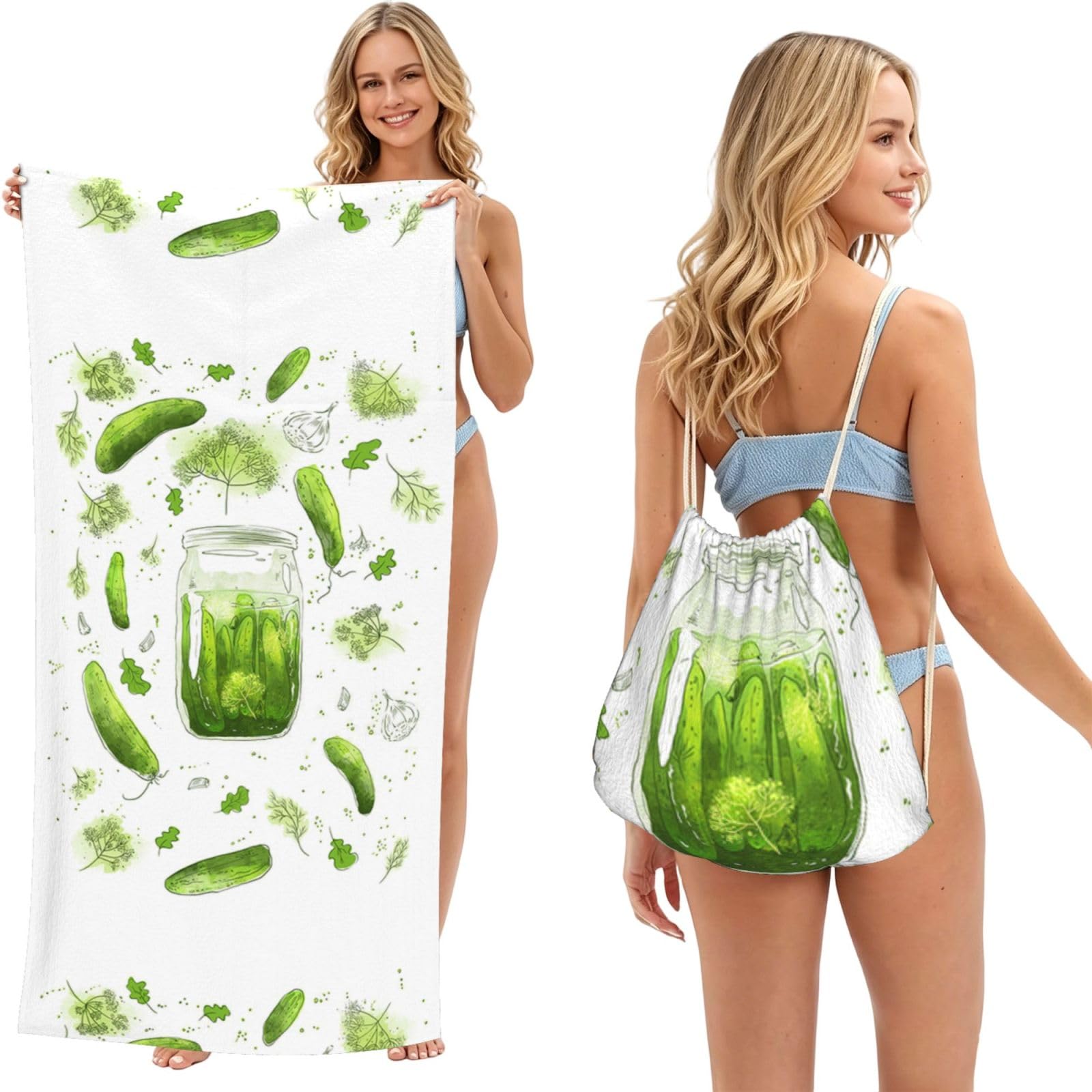 Poadnly As Picture Cucumber Pickle, 2 In 1 Packable Towel Bag, Beach Towels With Drawstring Backpack For Travel Holiday Camping