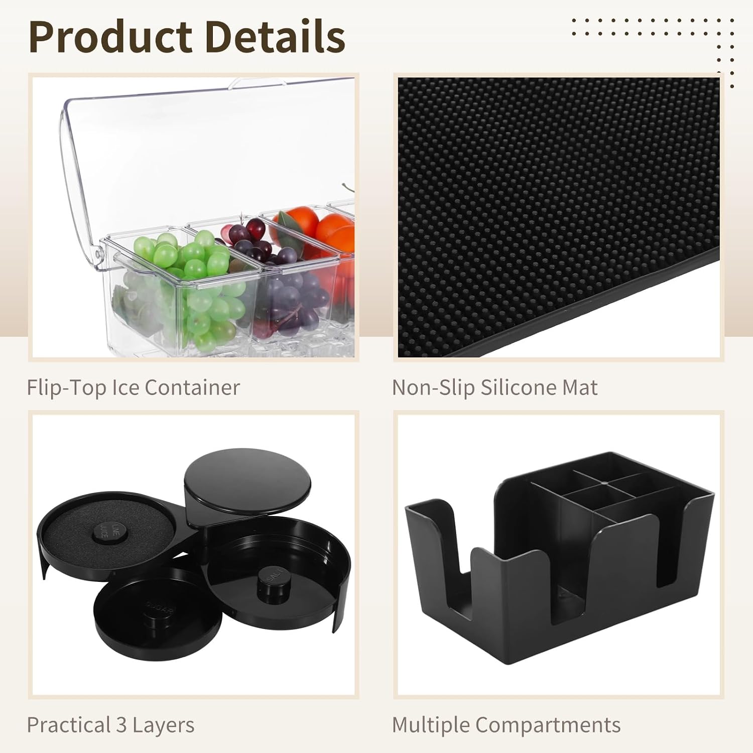 515 PCS Garnish Tray Bartending Supplies, Ice Tray with Lid Bar Caddy 3 Tier Glass Rimmer, Mobile Bar Set with Non-Slip Silicone Bar Mat, Juice Jugs with Spouts, 500 Straws, Bottle Pourers image 3