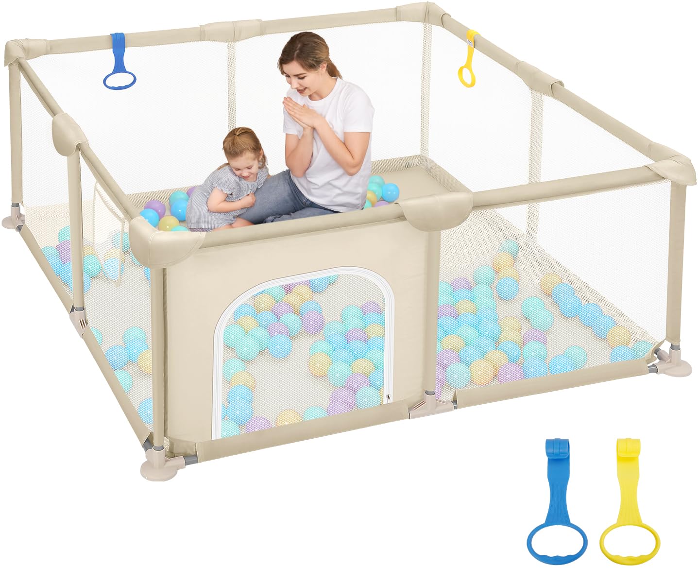 Dripex 124x124 cm Baby Laufstall, Laufgitter Baby, Kinderlaufgitter Großer Sicherheitsbereich mit 2 Laufgitterringen Braun