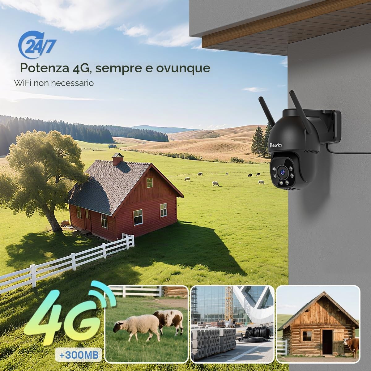 Ctronics2.5K 4MP 3G/4G LTE Telecamera con Sim Esterno, PTZ IP Videocamera Sorveglianza, Visione Notturna a Colori, Rilevamento Umano, Tracciamento Automatico, Audio Bidirezionale, Bianco (Nero)