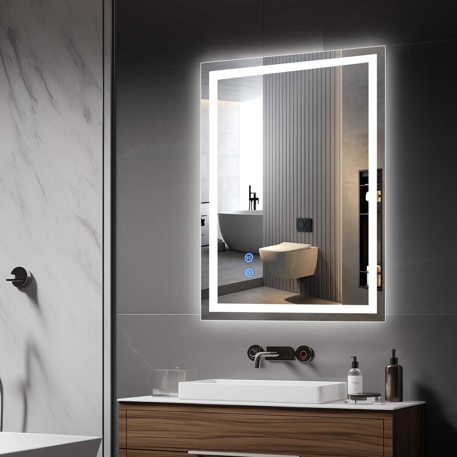 KingSaid Miroir Salle de Bain LED Miroir LED avec Éclairage, 3 Couleurs et Intensité Réglable, Anti-Buée, IP54 Étanche, Interrupteur Tactile et Mémoire (80×60CM)