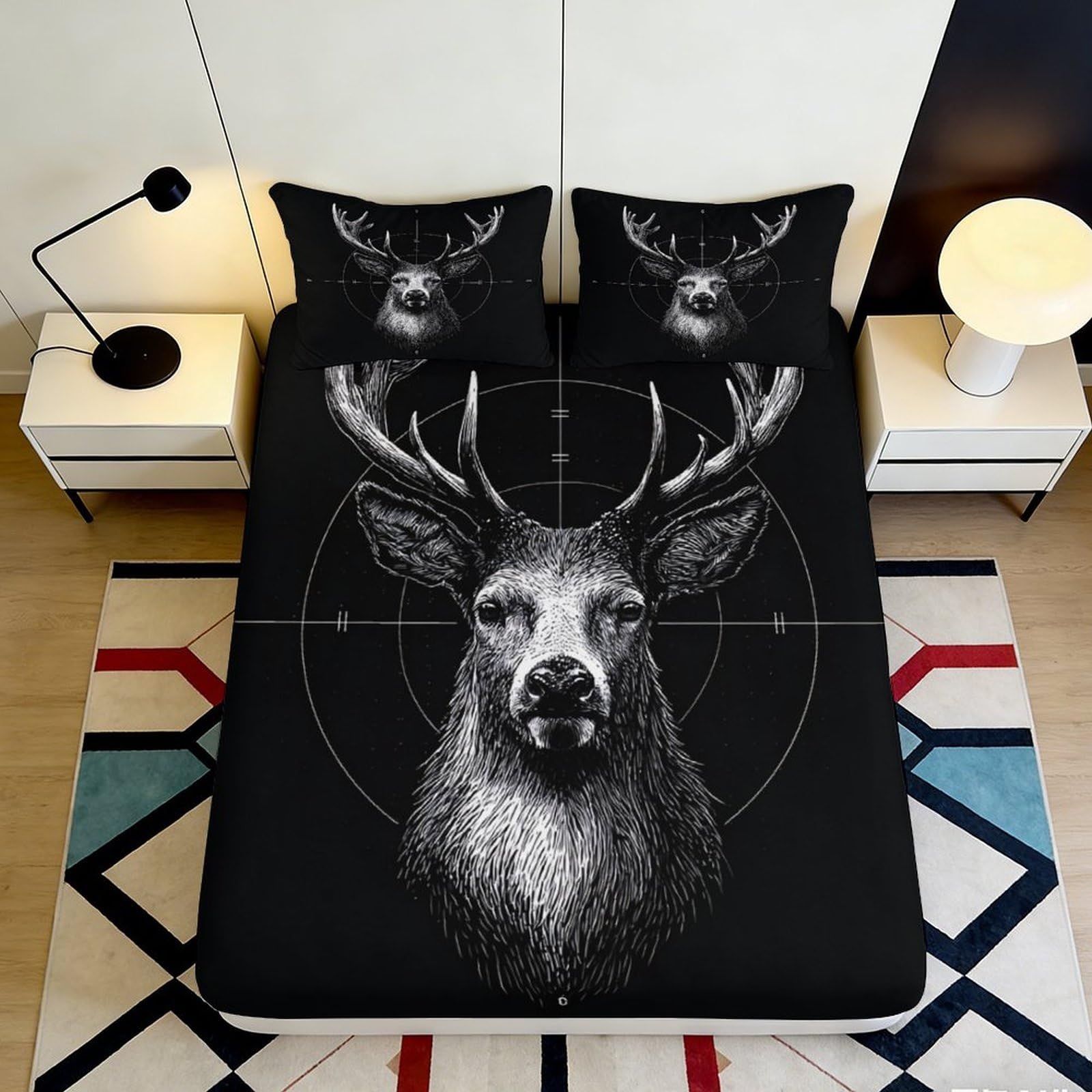 3D Printed Deer Head Fitted Sheet Microfiber Black Antler Mattress Cover Non Slip Easy Care for Bedroom Guest Room 90x200x25cm