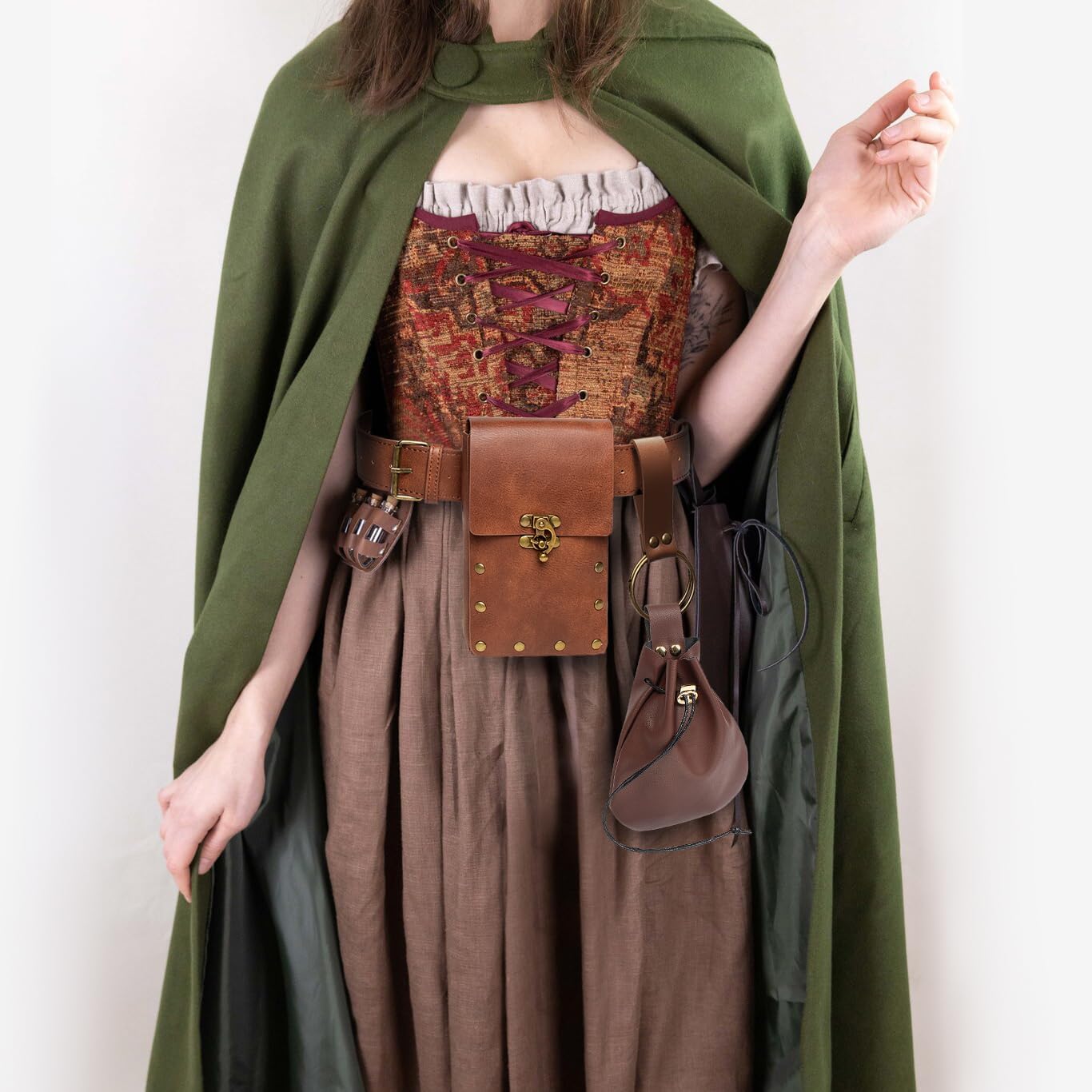 Belt Pouch Waist Bag Fanny Pack Medieval Vintage Leather Pouch Cellphone Holder Holster Carry Belt Purse Pocket Casual Hiking Festival Renaissance Faire Costume Props Travel Wallet (I2-Brown) - Image 5