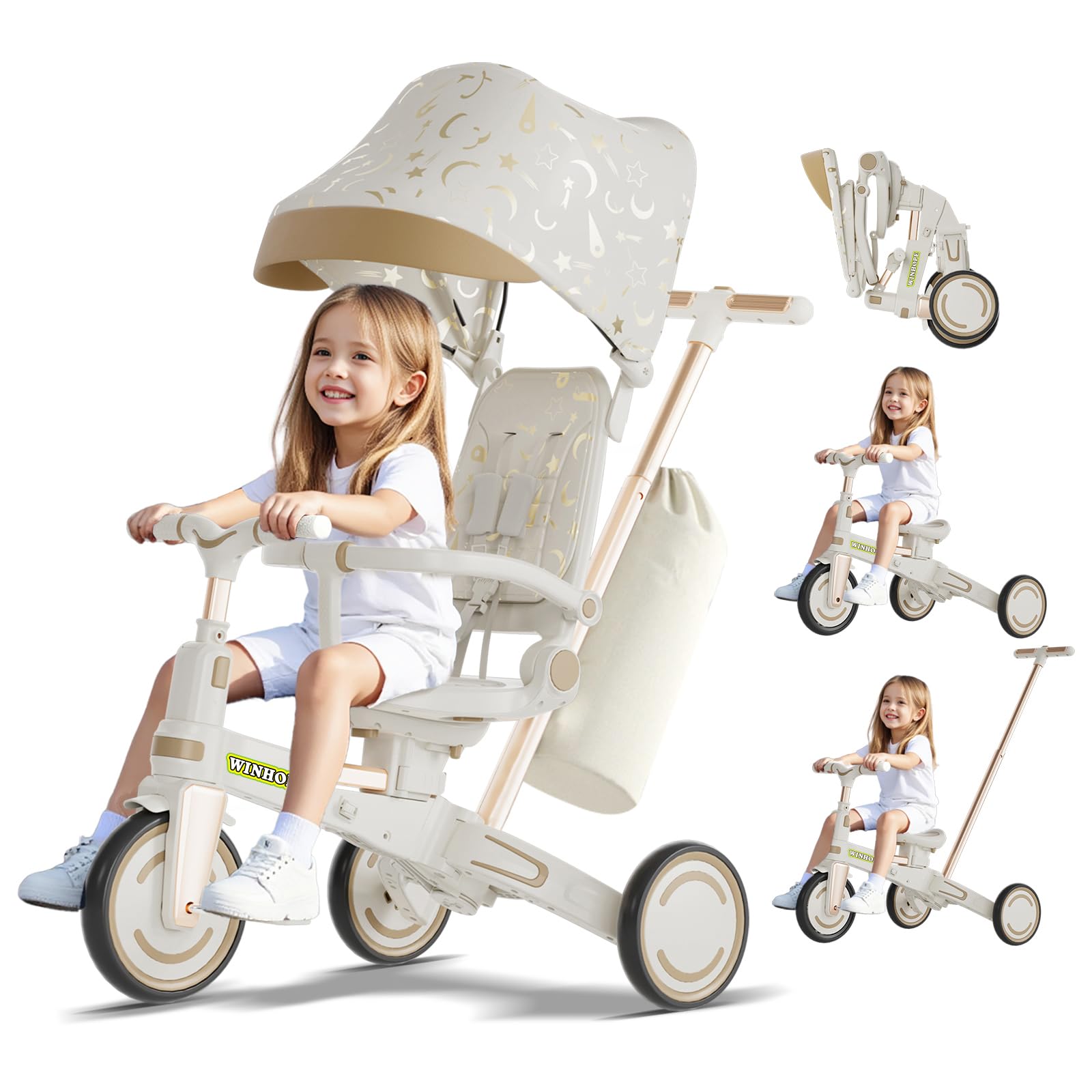 WinHope 9-in-1 Foldable Kids Tricycle with Push Handle and Canopy (White)