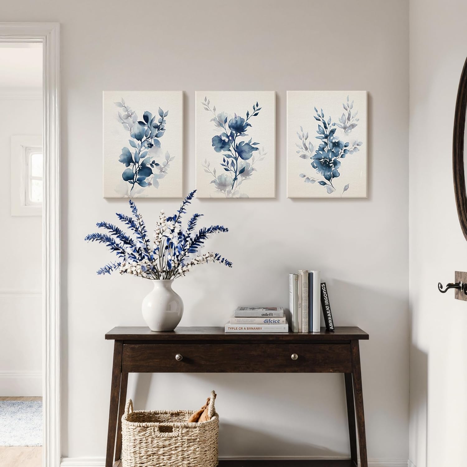 takfot Flower Wall Art Prints Modern Blue Floral Painting Watercolor Picture Framed Home Decor Botanical Artwork Ready to Hang for Bedroom Bathroom Living Room 1216 Inch, Set of 3