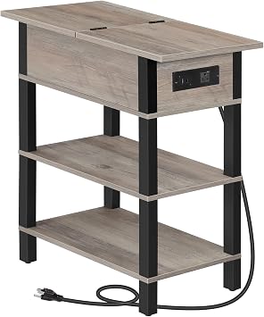 HOOBRO End Table with Charging Station, Flip Top Side Table with USB Ports, Narrow Nightstand Bedside Tables with Storage Shelves, for Small Space, Living Room,Greige and Black BG141UBZ01