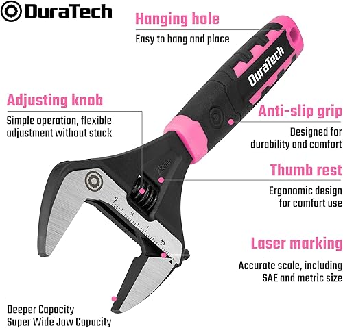 Miniatura 9 de DURATECH Llave ajustable de 10 pulgadas llave de fontanería con acabado de óxido negro acero CR-V escala SAE y métrica agarre ergonómico