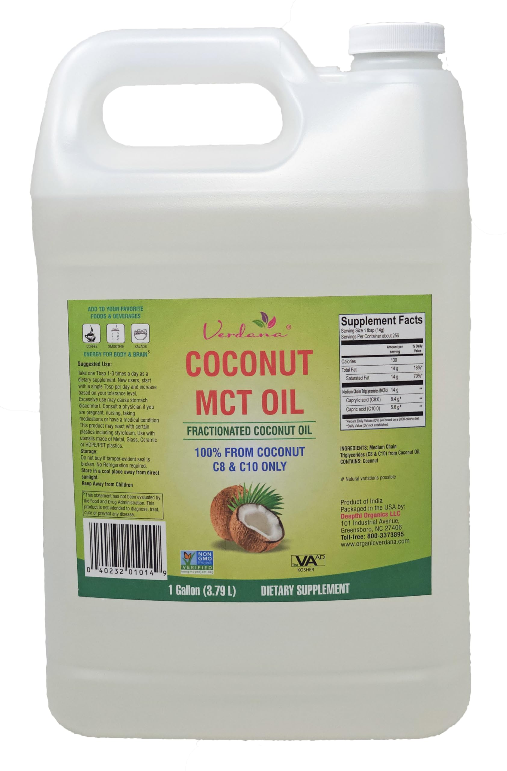 Verdana MCT Oil, Fractionated, 100% from Coconut - 1 Gallon - Kosher Food Grade, Vegan, Non-GMO - Great for Keto and Paleo Diet, Oil Pulling Oral Rinse Mouthwash (128 Fl Oz)…
