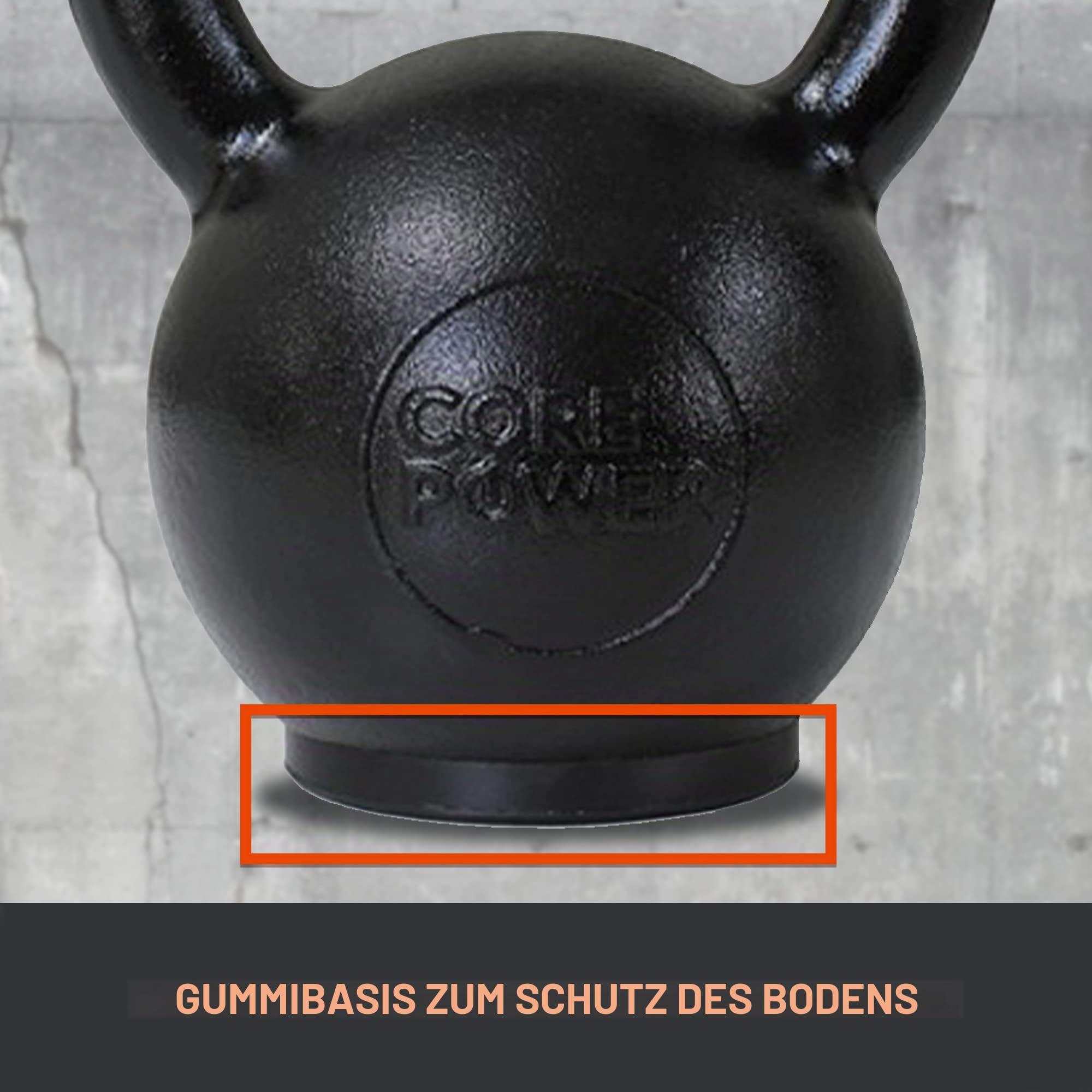 Core-Power Gusseisen Kettlebell 20kg/Gusseisen Kugelhantel 4-32kg hochwertigste Eisenerz Pro Qualität für Gym, Fitness und Crossfit Gummi Stellfläche für Bodenschutz