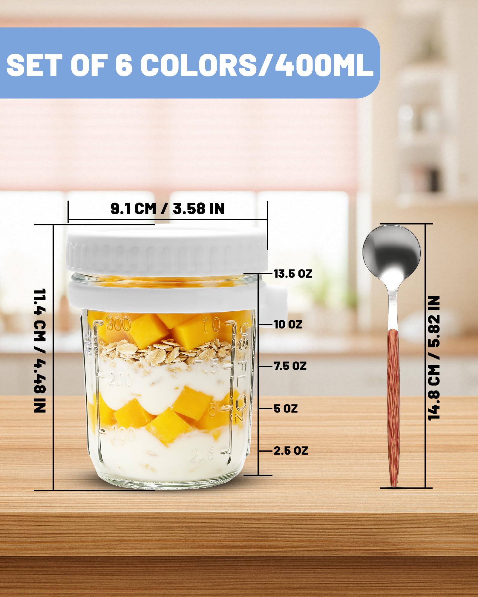 6 szt. słoiki na overnight oats z pokrywką i łyżką – szklane pojemniki meal prep ze skalą do musli, jogurtu i owsianki – szczelne słoiki śniadaniowe na wynos do sałatki i puddingu chia