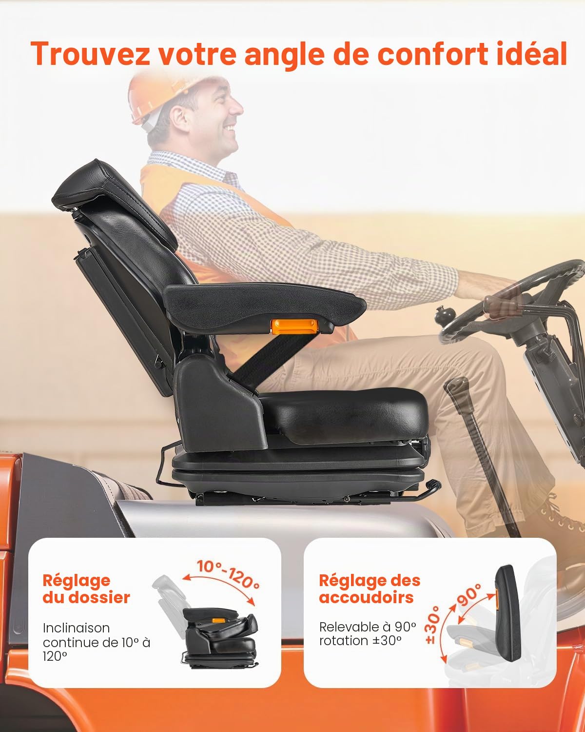 VEVOR Siège de Chariot Élévateur Universel, 54x60x67 cm, Siège de Tracteur de Suspension avec Dossier Réglable, Accoudoir, Appui-tête, Ceinture de Sécurité, Micro-interrupteur, pour Chargeur, Tondeuse