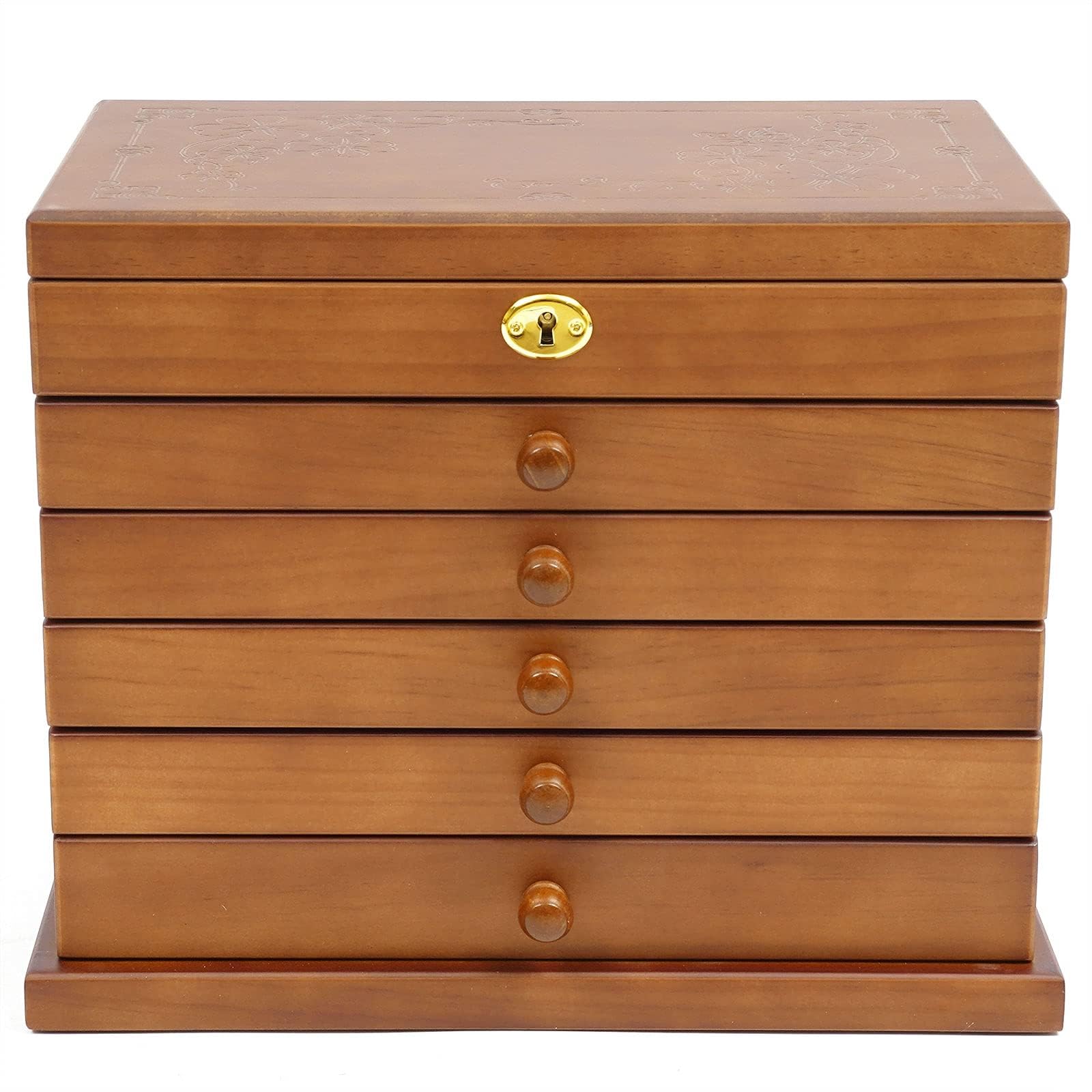 Schmuckkästchen Holz mit 6 Schubladen und Spiegel | Hochwertige Schmuckaufbewahrung, Samt-Innenfutter, Für Ketten, Ohrringe, Ringe und Armbänder