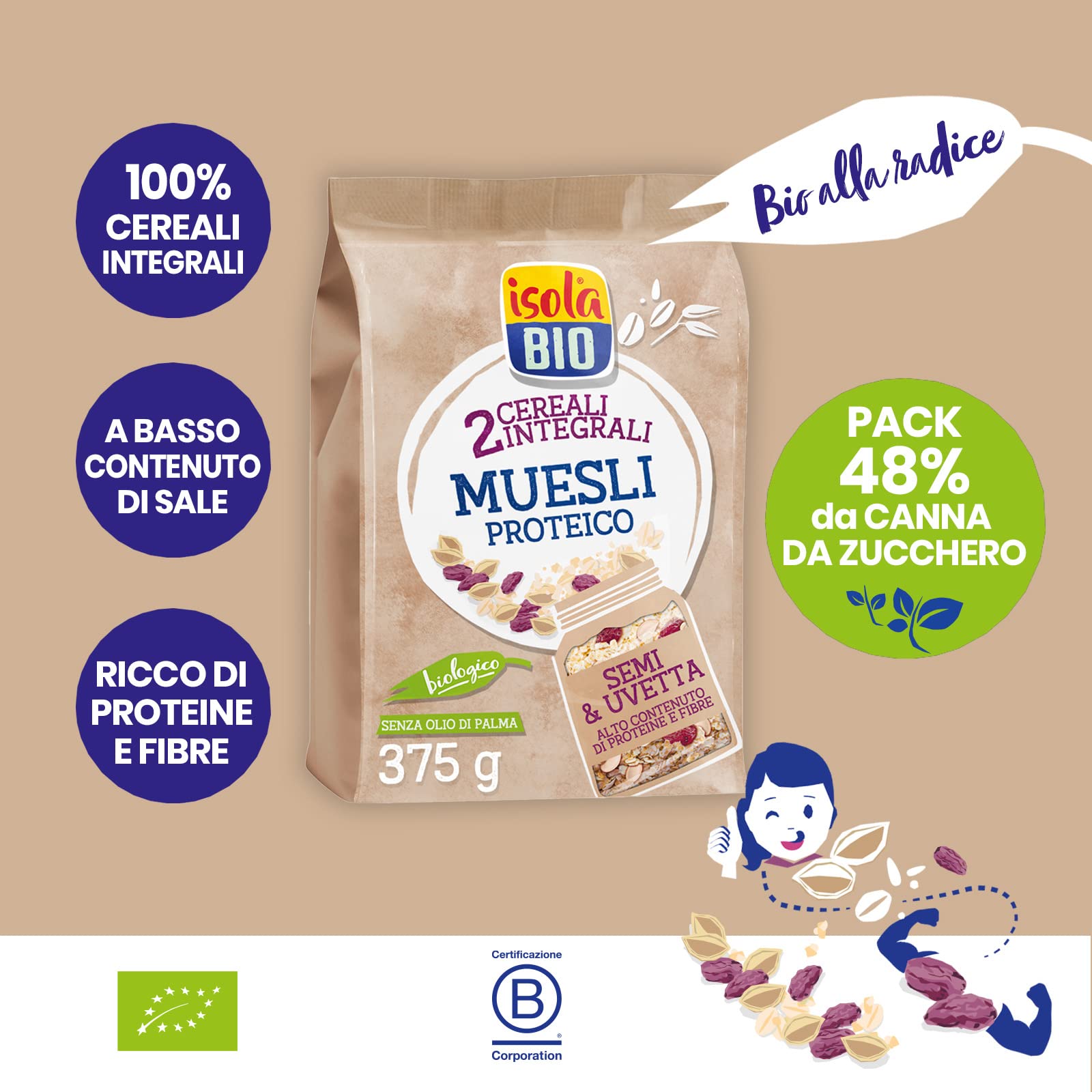 Isola Bio Muesli Proteico Biologico con Semi e Uvetta, Ricco di Fibre e Proteine, 100% Ingredienti Naturali, Senza Zuccheri Aggiunti, per Vegani e Vegetariani, Formato 375 gr - 3